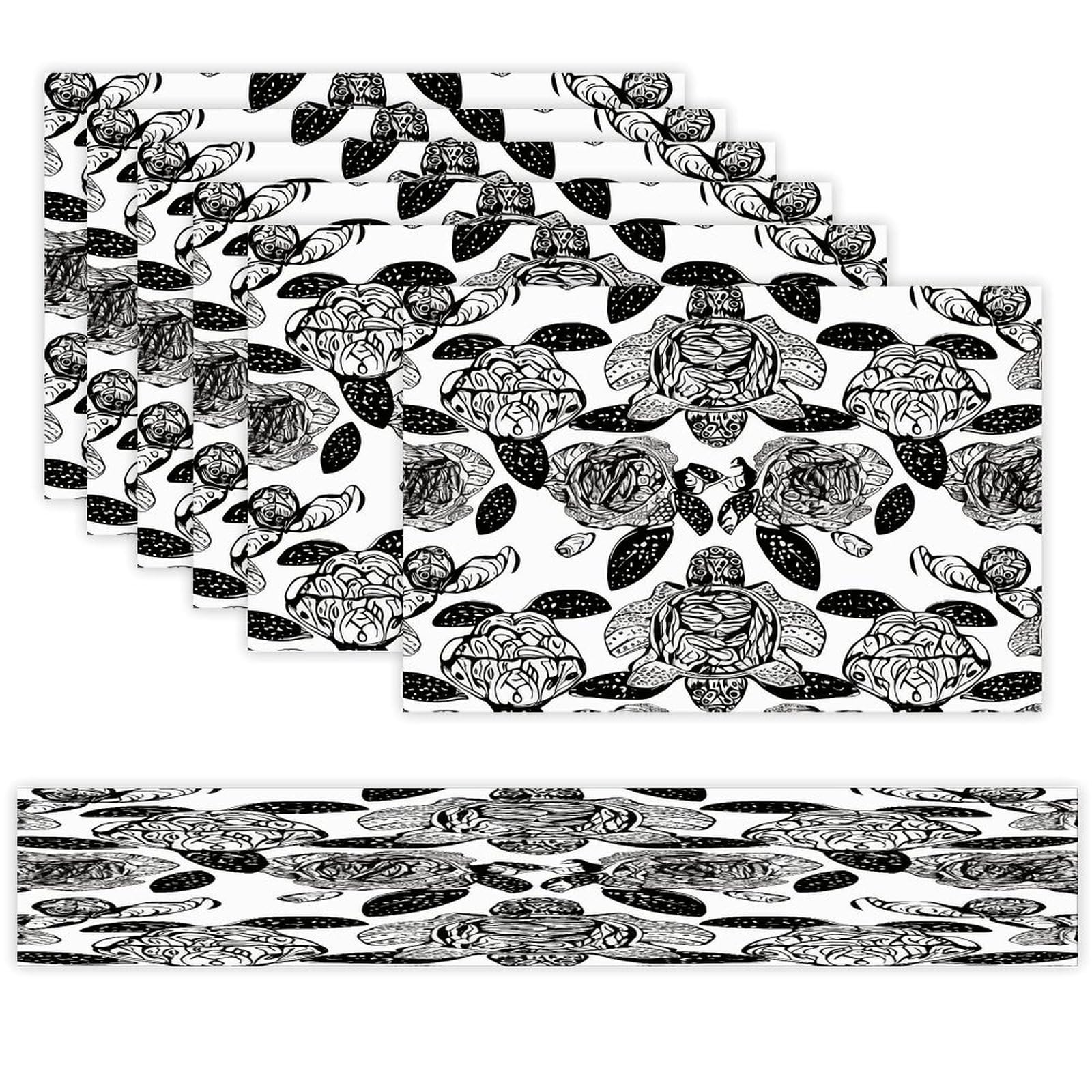 Animals Sea Turtles Table Runner and Placemats Set of 6 Wipe Clean Heat Resistant Table Mat with Table Runner Decorations Flax Linen Place Mat Set for Home Kitchen Party Supplies