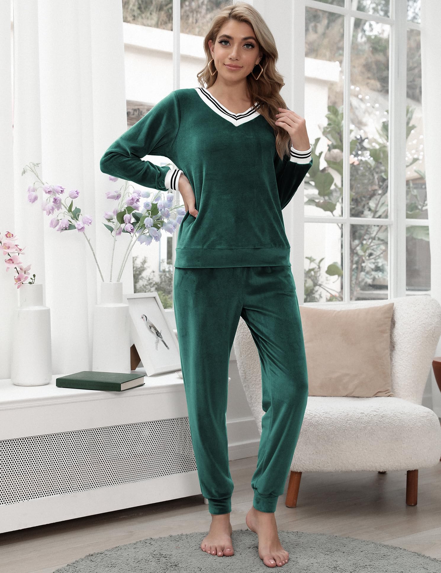 Irevial - Conjunto de sudaderas con cuello en V a rayas de terciopelo aplastado con bolsillo - verde - Medium