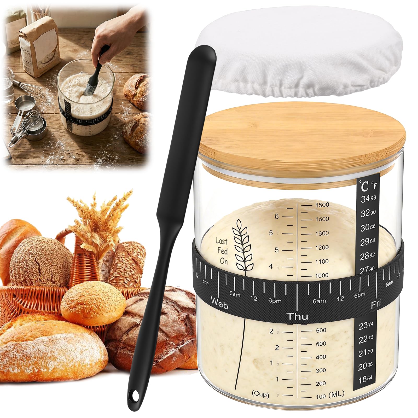 Sourdough Starter Jar Kit 1500ml/51 oz Reusable Wide Mouth Borosilicate Glass Sourdough Fermentation with Bamboo Lid Thermometer Strip Feeding Tracker for Home Kitchen Baking Supplies(1pcs)