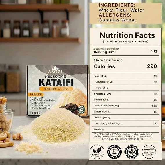ASOZI Kataifi Dough 16oz, Dried Chopped Shredded Fillo for Dubai Chocolate | Kadayif phyllo pastry for kunafa, baklava nests & pistachio cream desserts; toasts golden crisp; sweet or savory recipes