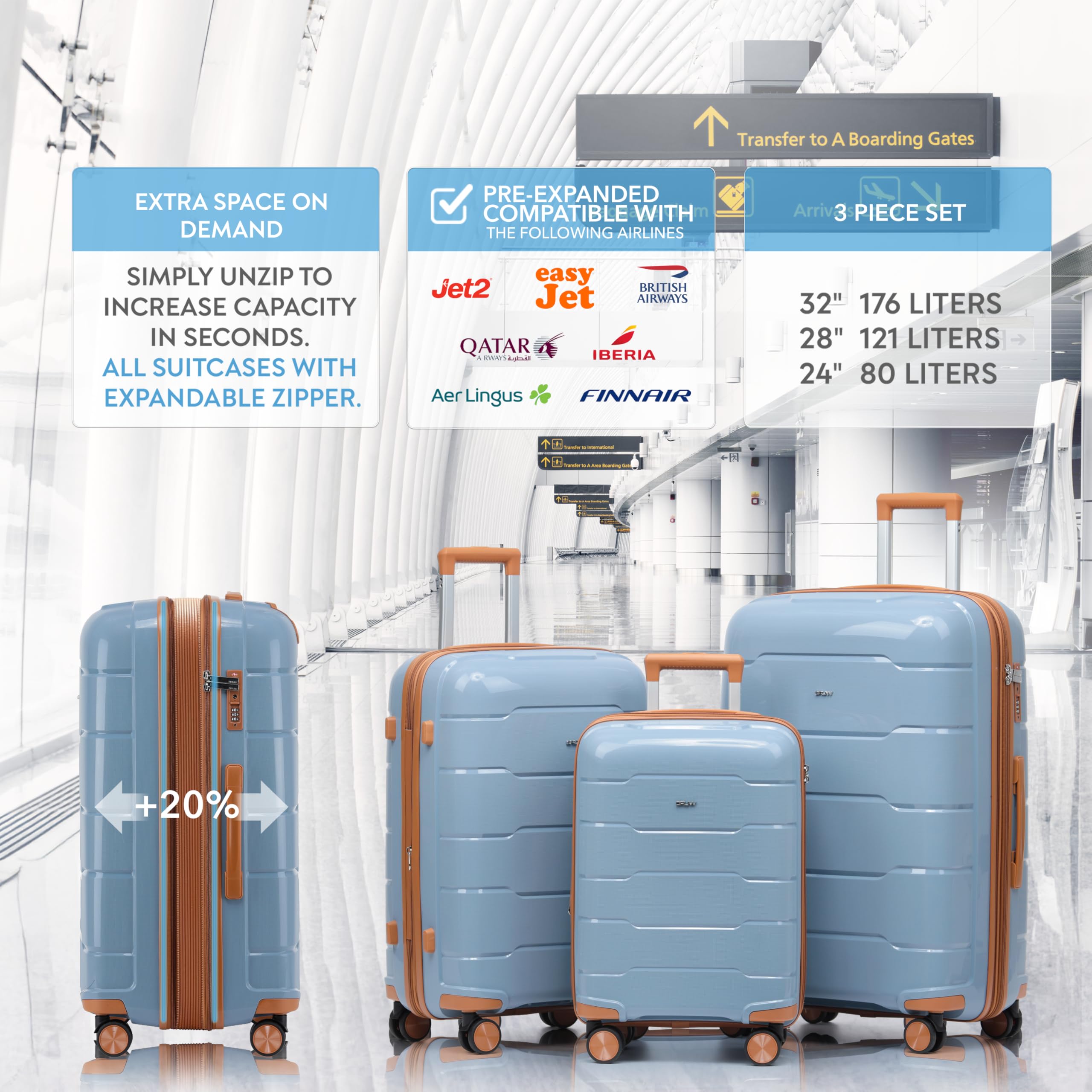 CRUW 3-Piece Luggage Set Expandable Polypropylene Suitcase Set TSA Locks 8 Silent Spinner Wheels Lightweight Nested Suitcases Travel Set easyJet British Airways Jet2 Approved Carry-On Blue/Tan