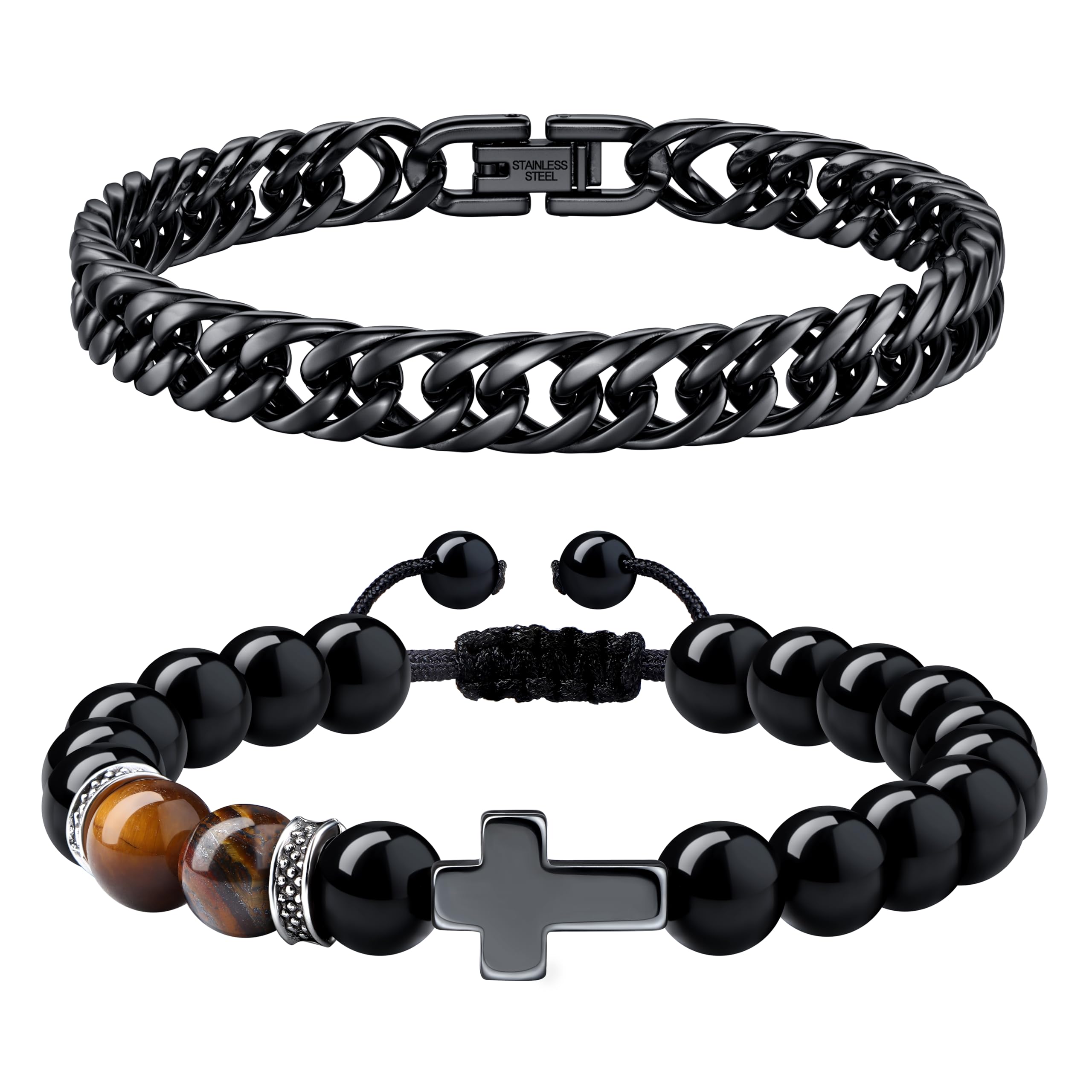 Dochais2 Pcs Pulsera Hombre Acero Inoxidable,Pulseras Hombre Longitud 21cm/23cm,Pulsera Hombre Plata Negro,Pulsera Plata Hombre Anchura 8mm,Pulsera Cruz Piedra Natural