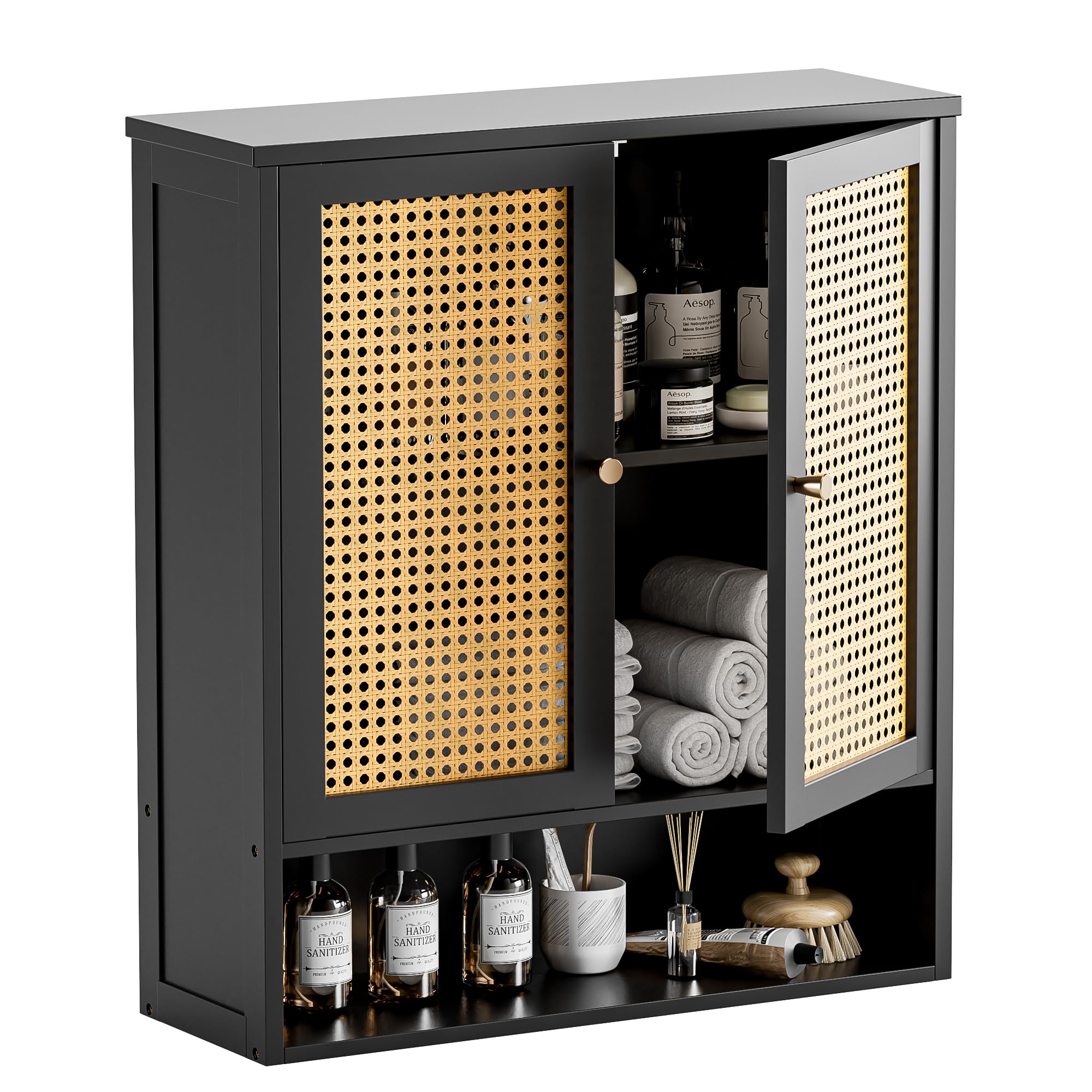 HITNET Badezimmer Wandschrank Bambus, Rattan Badschrank Hängend über der Toilette mit 2 Türen und verstellbaren Regalen, für kleinen Raum, Schwarz