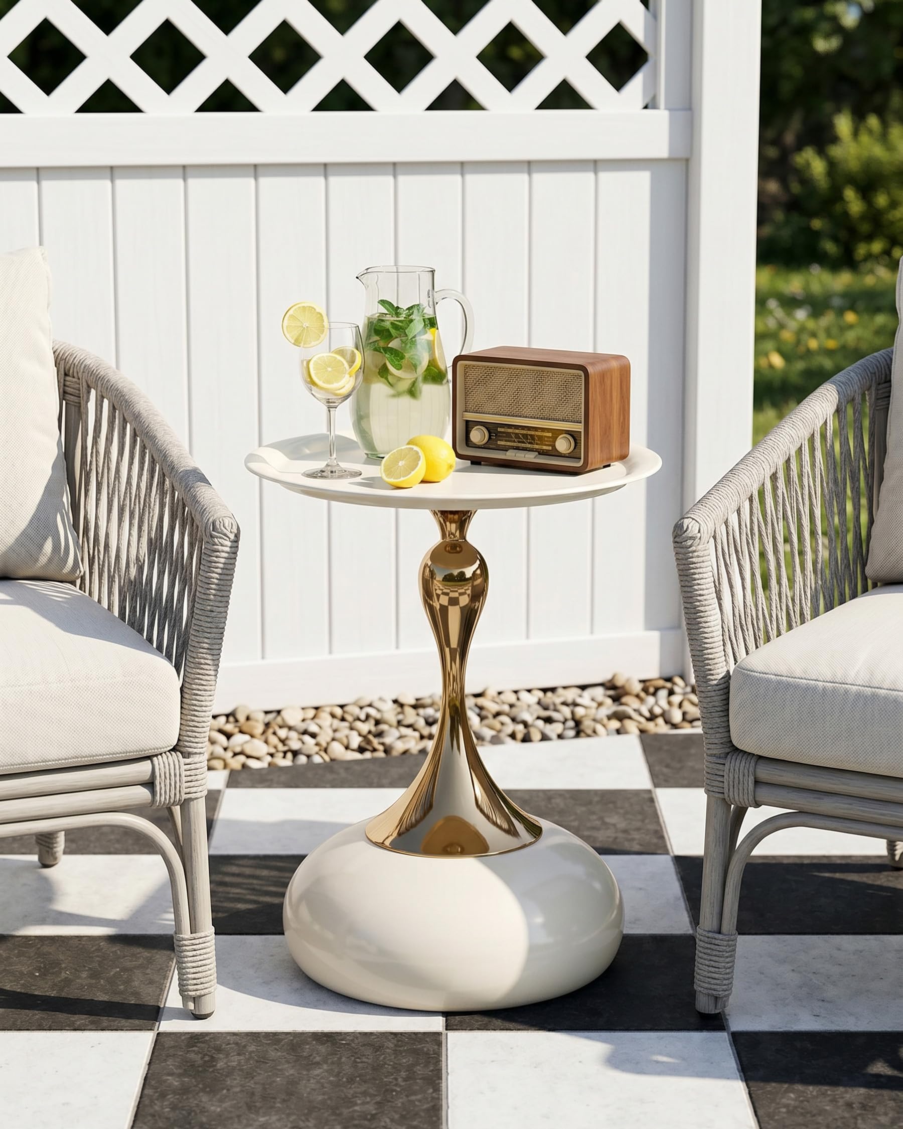Mesa Auxiliar Sofa Beige y Dorada para Salón, Mesita de Centro de Diseño en Metal, Set de 2 Mesita Auxiliar Pequeños para Sofá o Dormitorio, Side Table de Jardín Exterior, 40x53cm