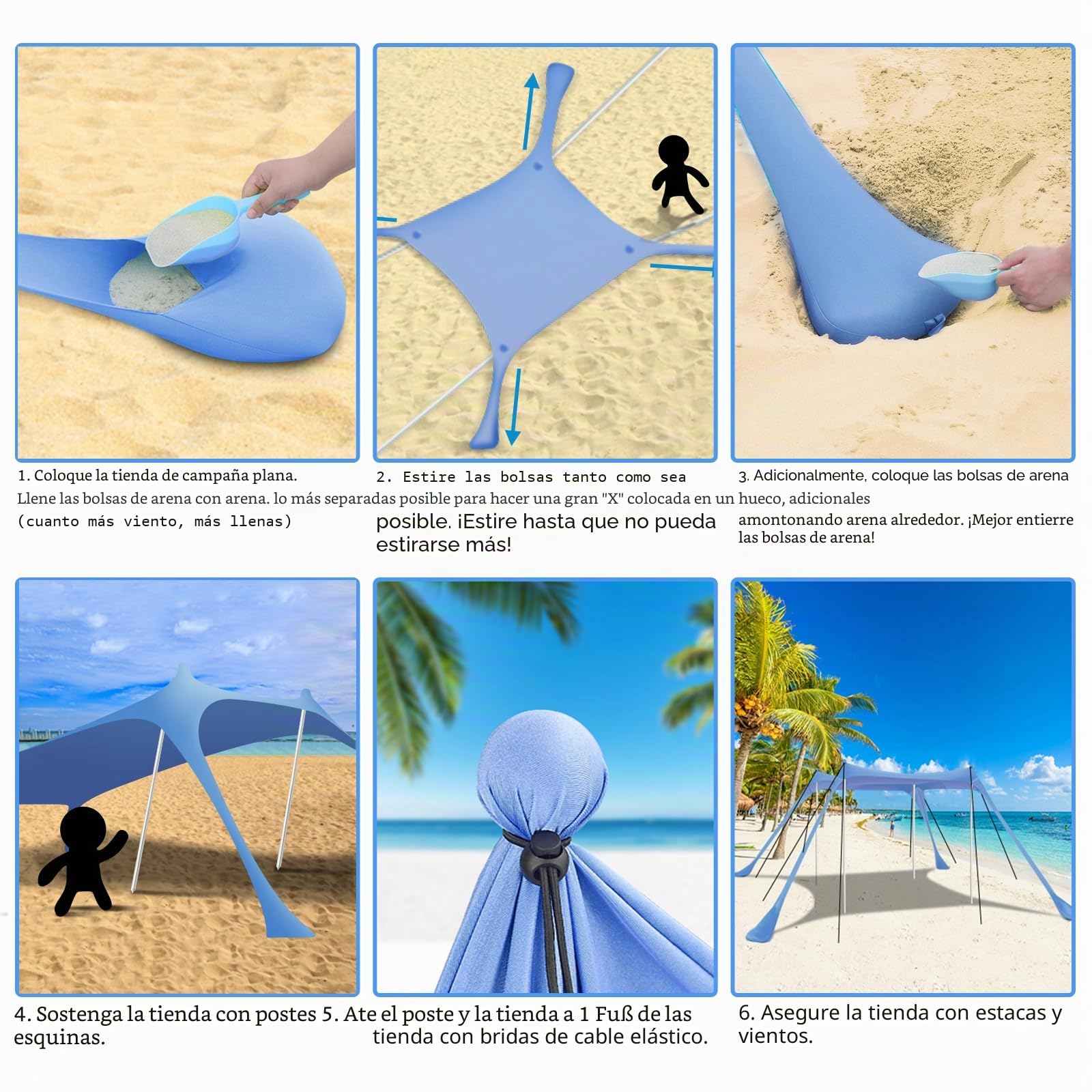 Riggo Tienda de playa, toldo SPF 50+, 3 × 3 m, con pala de arena, piquetas y barras de estabilidad, protección contra viento y sol, camping, pesca, diversión