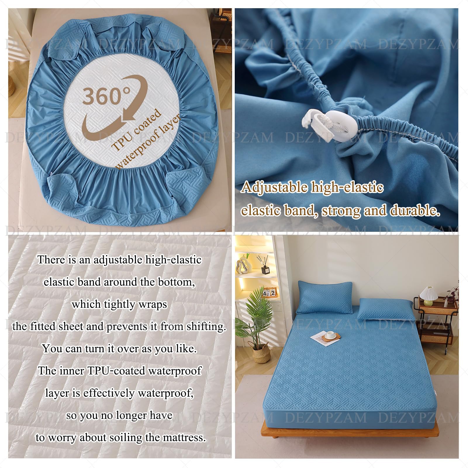Sábana bajera ajustable impermeable con bolsillo profundo, transpirable, funda de colchón de cama (azul, 180 x 200 cm)