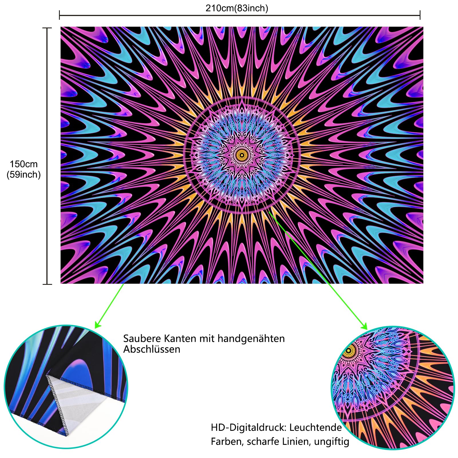 Alishomtll Czarno-kolorowy, dywan ścienny w stylu boho, mandala, reaktywna na promieniowanie UV, psychodeliczny hipisowski dywan ścienny, dekoracja domu, do sypialni, na imprezę, 210 x 150 cm