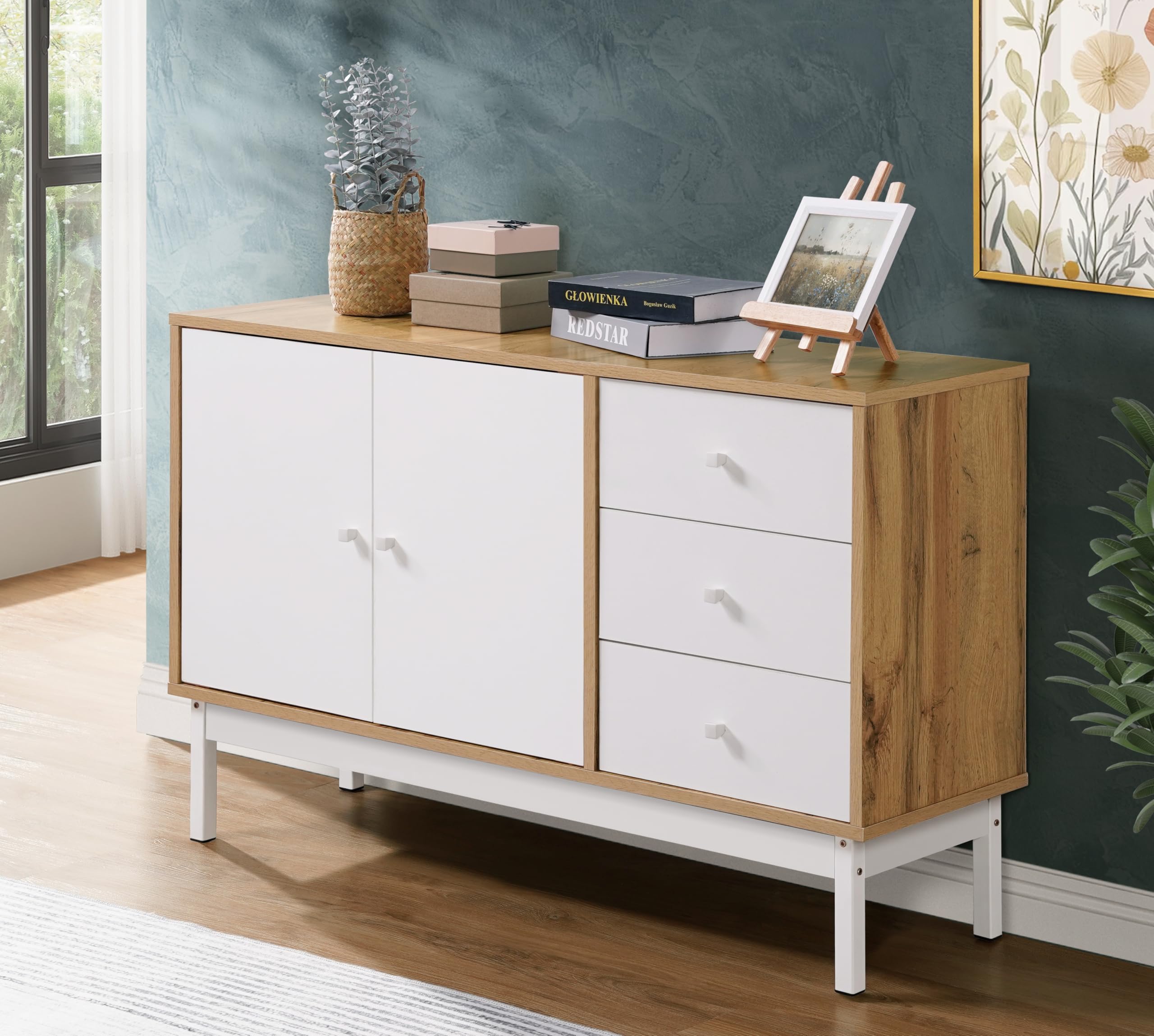 DeckUp Sage Engineered Wood Sideboard/Buffet Counter/Storage Unit (Wotan Oak & White, Matte Finish)-image-3