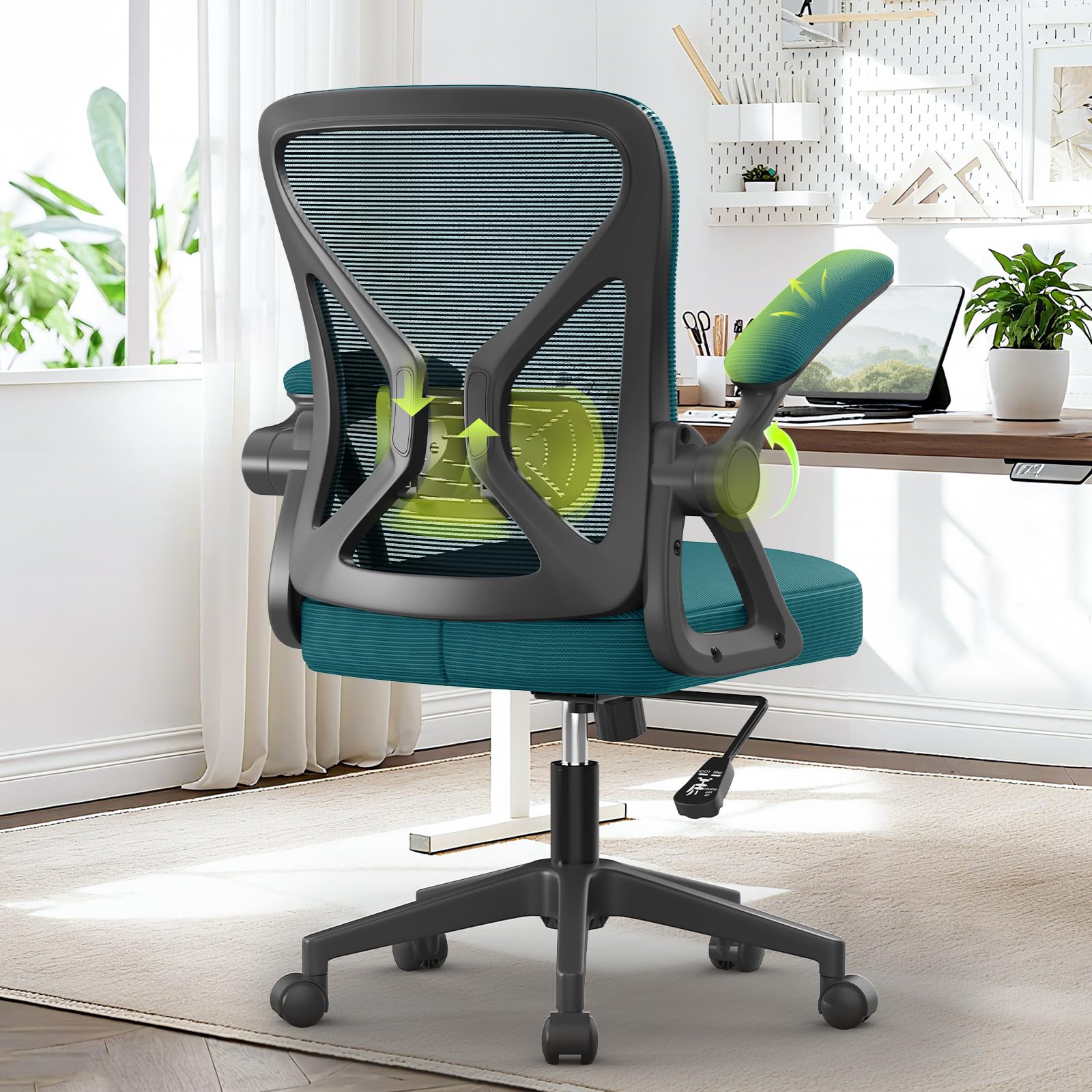 YONISEE Office Chair, Ergonomic Desk Chair with Adjustable Padded Lumbar Support, 90°Flip-up Armrests, Mid-back Mesh Chair with Comfy cushion for Home Office