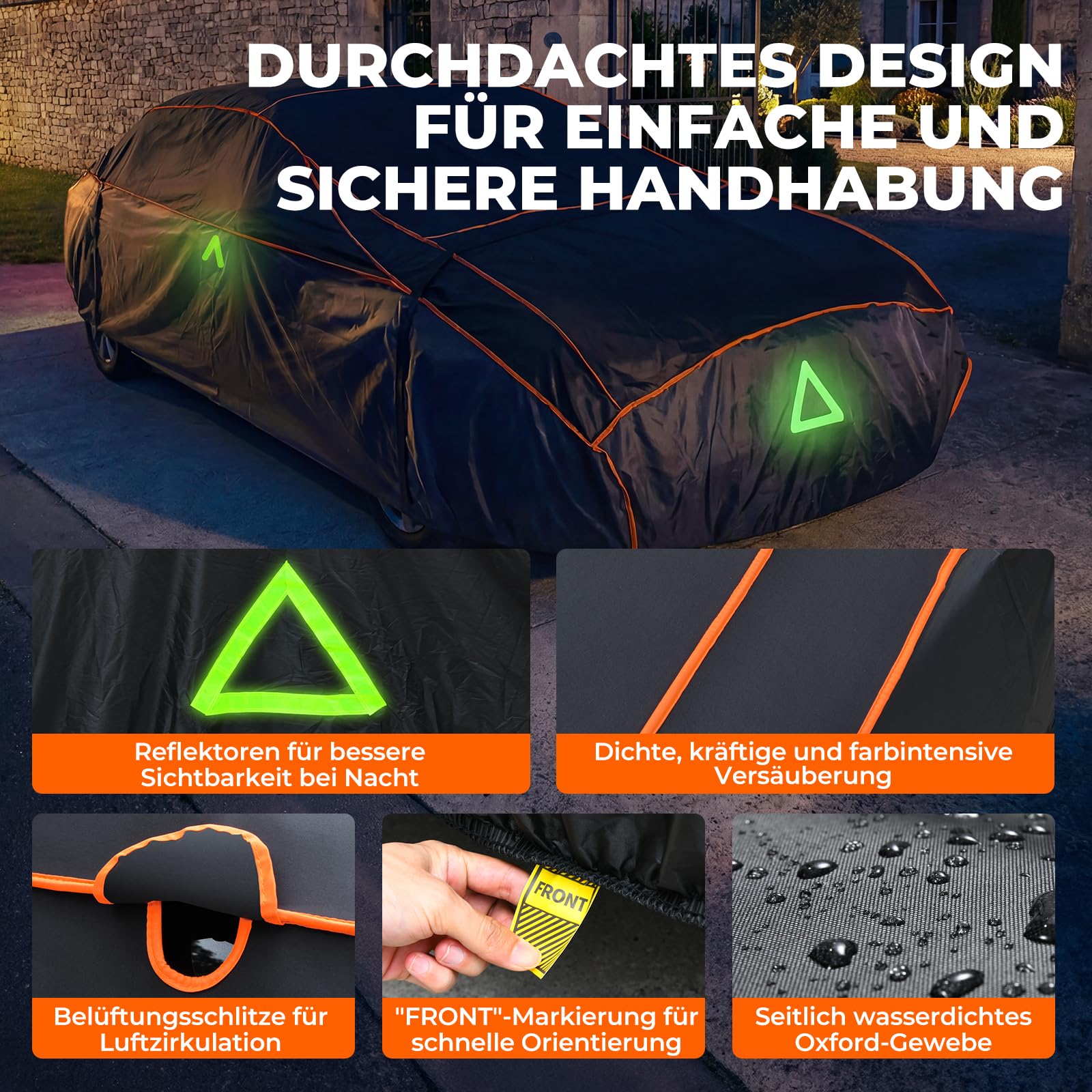 Hagelschutzplane Auto, Wasserdichter Verdickter Hagelschutz Auto Autoabdeckung Hagelschutz PKW Hagelschutzgarage für Limousine Schwarz (PKW: 450 - max.475cm Länge)