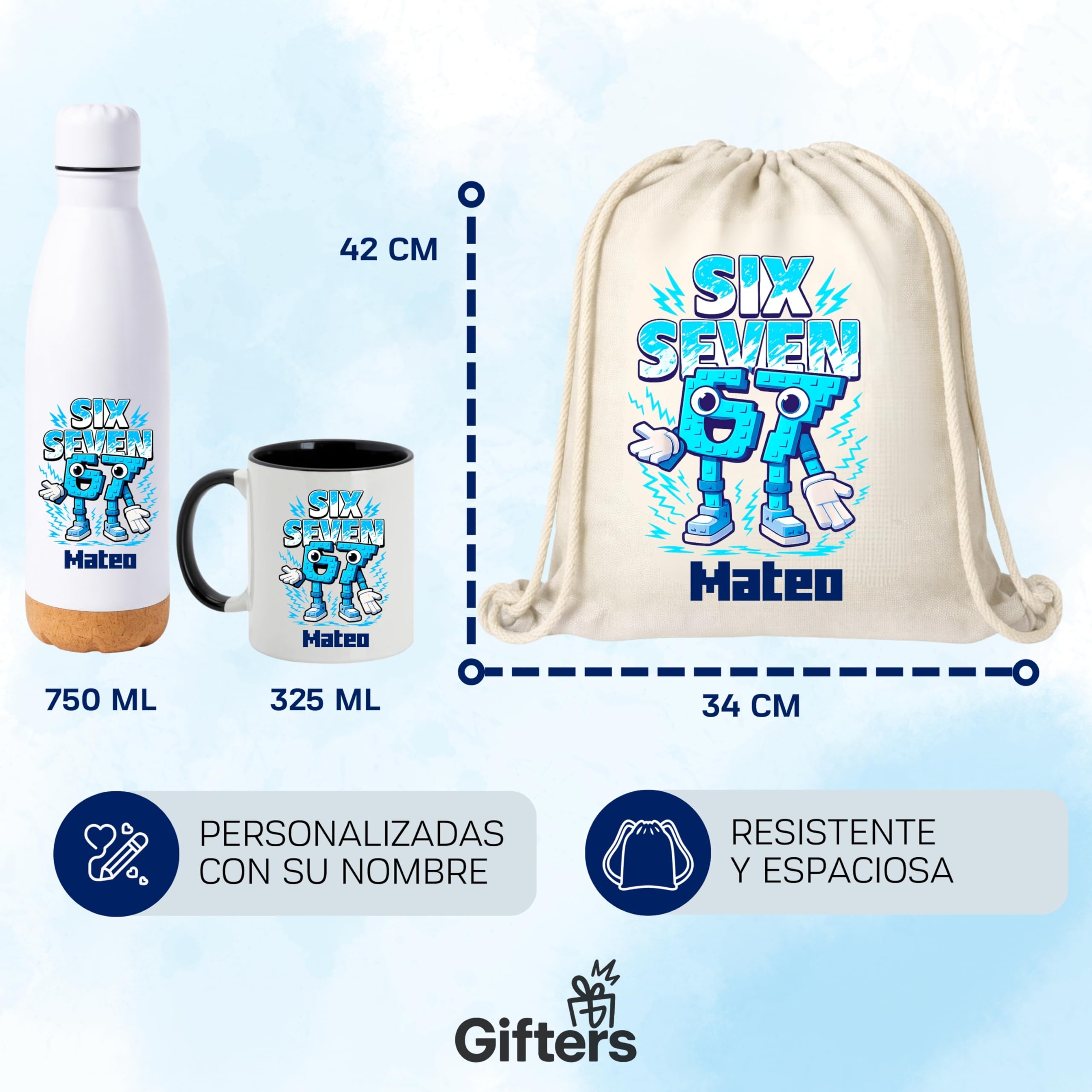 Gifters | Pack Regalo Personalizado Niño SIX SEVEN | Mochila de Cuerdas + Termo + Taza con Nombre | Kit Escolar Infantil | Regalo Original Niño, Cumpleaños, Navidad y Comunión | Pack Vuelta al Cole