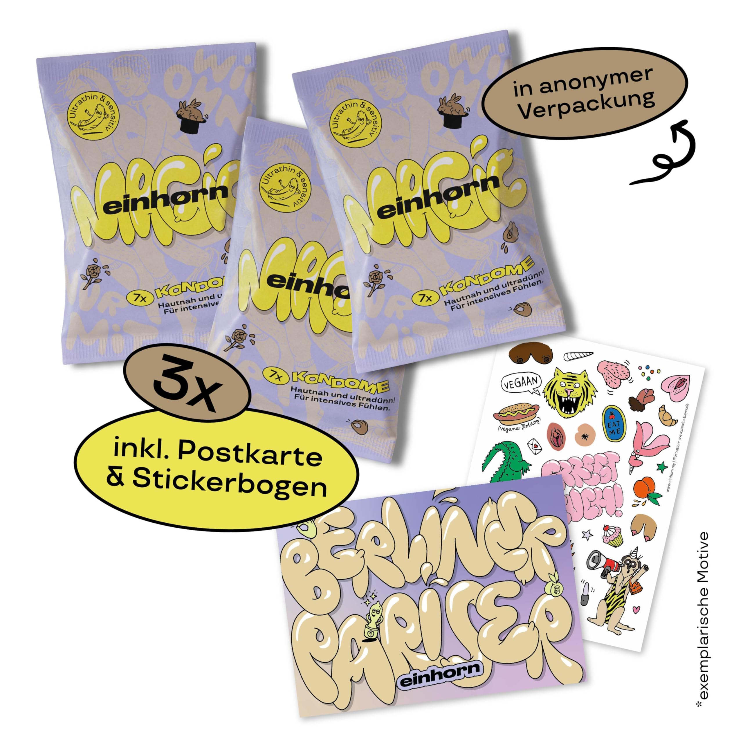 einhorn ultra dünne Kondome I 21er Monatsration Magic I 21 Stück I Standardgröße 53 mm I vegane, hormonfreie Verhütung - natürlicher Gleitfilm - nachhaltig und sicher