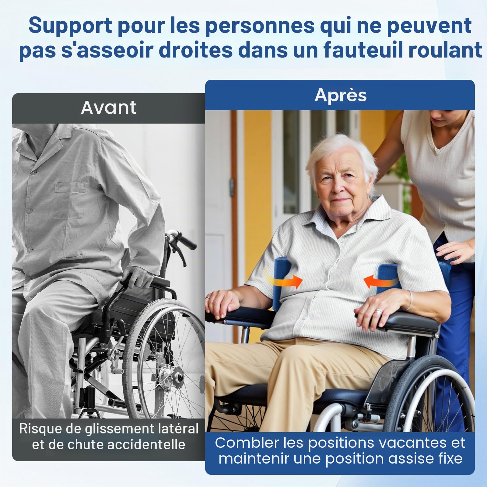 Support latéral avec coussin anti-escarres réglable pour fauteuil roulant, Support latéral universel, Support latéral de fauteuil roulant avec poignées latérales