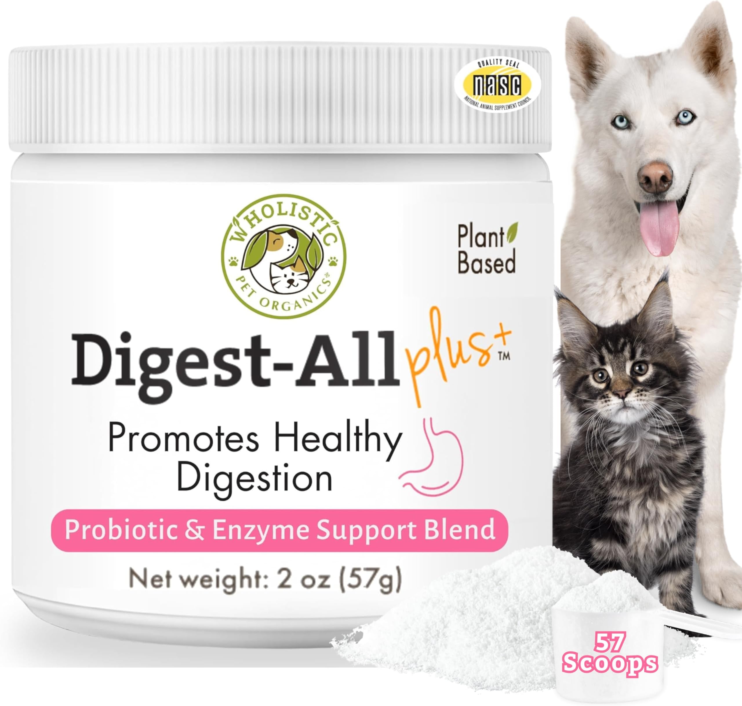 Wholistic Pet Organics Daily Cat & Dog Probiotics for Digestive Health, Anti Diarrhea & Gut Support - Probiotics for Dogs with Digestive Enzymes & Prebiotic Fiber - Cat Probiotic - 2 Oz - 57 Scoops