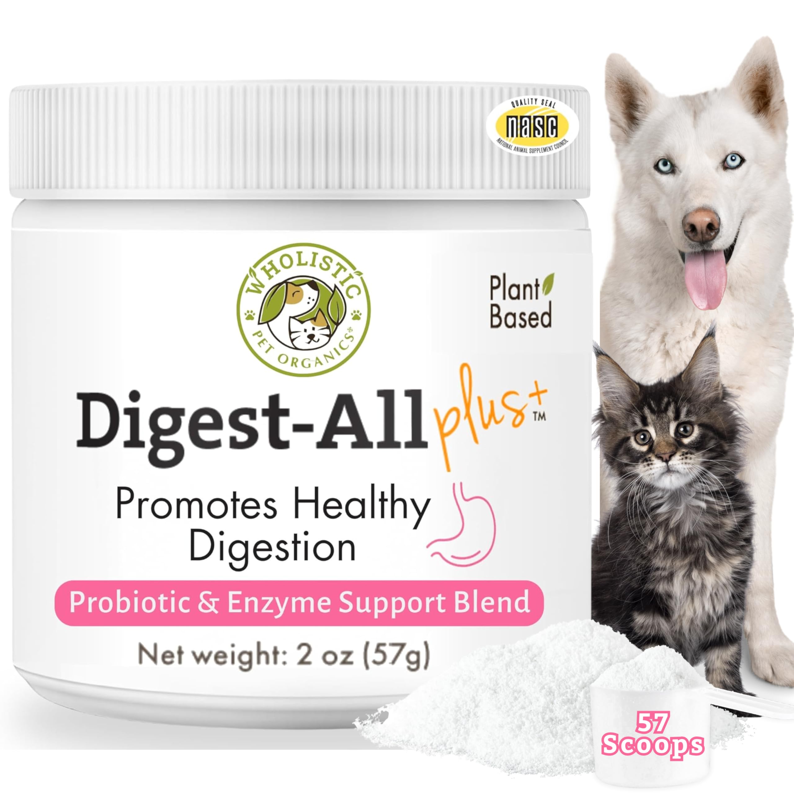 Wholistic Pet Organics Probiotics for Dogs with Digestive Enzymes & Prebiotic Fiber - 2 Oz - Daily Cat & Dog Probiotics for Digestive Health, Anti