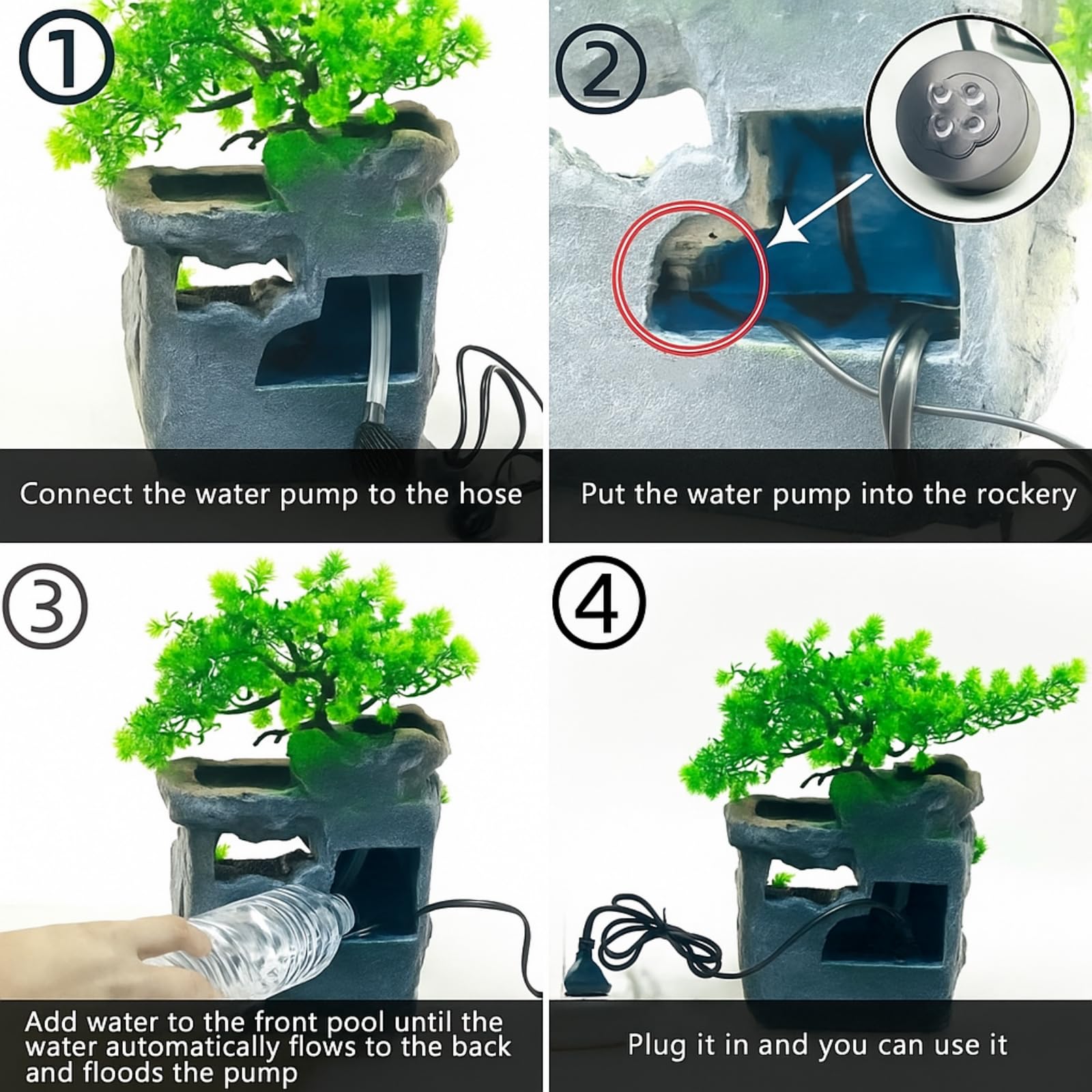 Grüne Pflanze Brunnen, Tisch Zimmerbrunnen Wasserfall mit Farbwechsel LED Beleuchtung, Tischbrunnen mit Feng Shui Rad, Springbrunnen für Platzierung Wohnzimmer, Büro Reinigt die Luft (15 x 18 x 30cm)