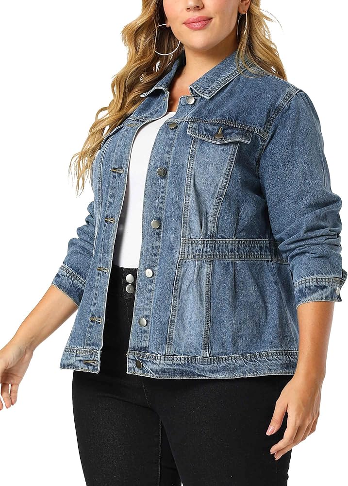Agnes Orinda Plus Size Denim Jackets for Women Classic Washed