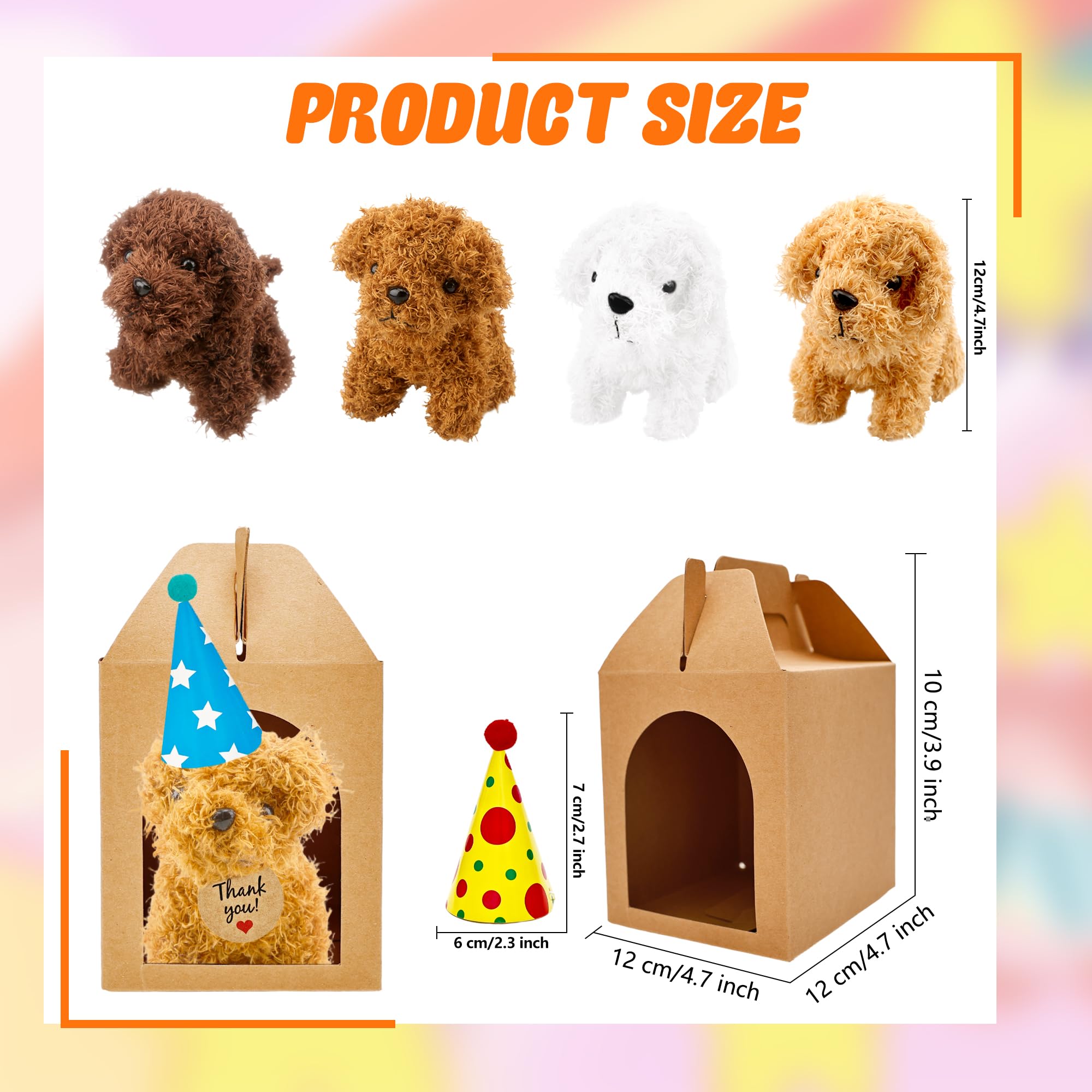Haconba Juego de 12 recuerdos de fiesta de perro de peluche con 12 mini animales de peluche de peluche, 12 sombreros de cumpleaños y 12 cajas de papel kraft para adoptar una mascota suministros de