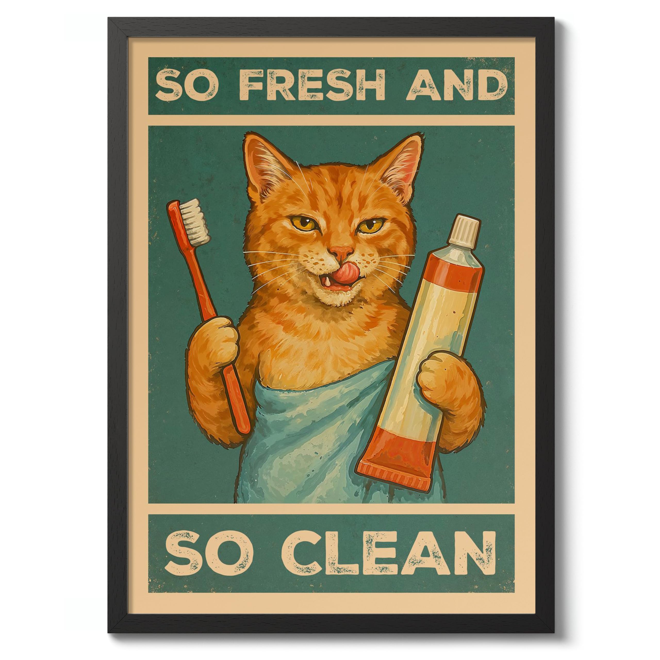 So Fresh And So Clean Poster, Retro Animal Bathroom Print, Comedy Toilet Wall Art, A1 (Black Frame) - 86.9x62.4cm