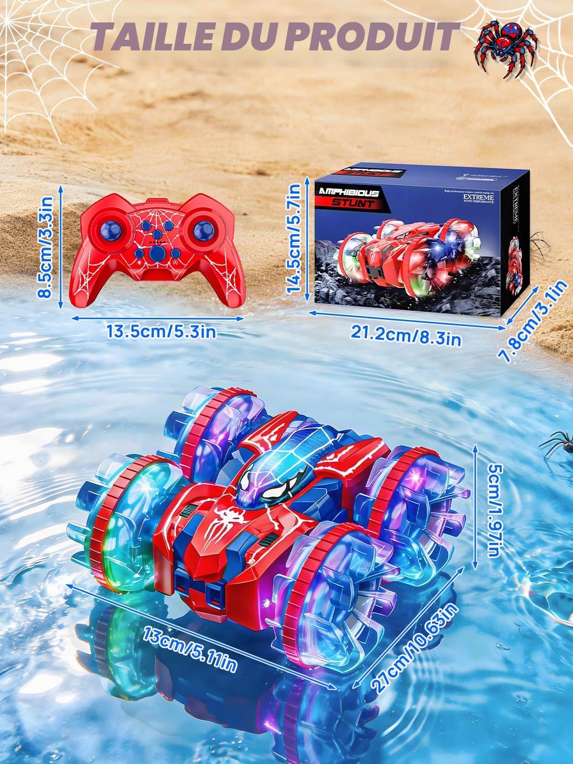 Spider Voiture Télécommandée Enfant 3 4 5 6 7 8 9 Ans, 2.4 GHz Amphibie RC Radiocommandée, Jouet Car Garcon avec Lumière LED &360° Rotation,IPX7 Étanche Voiture Jeux Exterieur Cadeau Anniversaire Noël