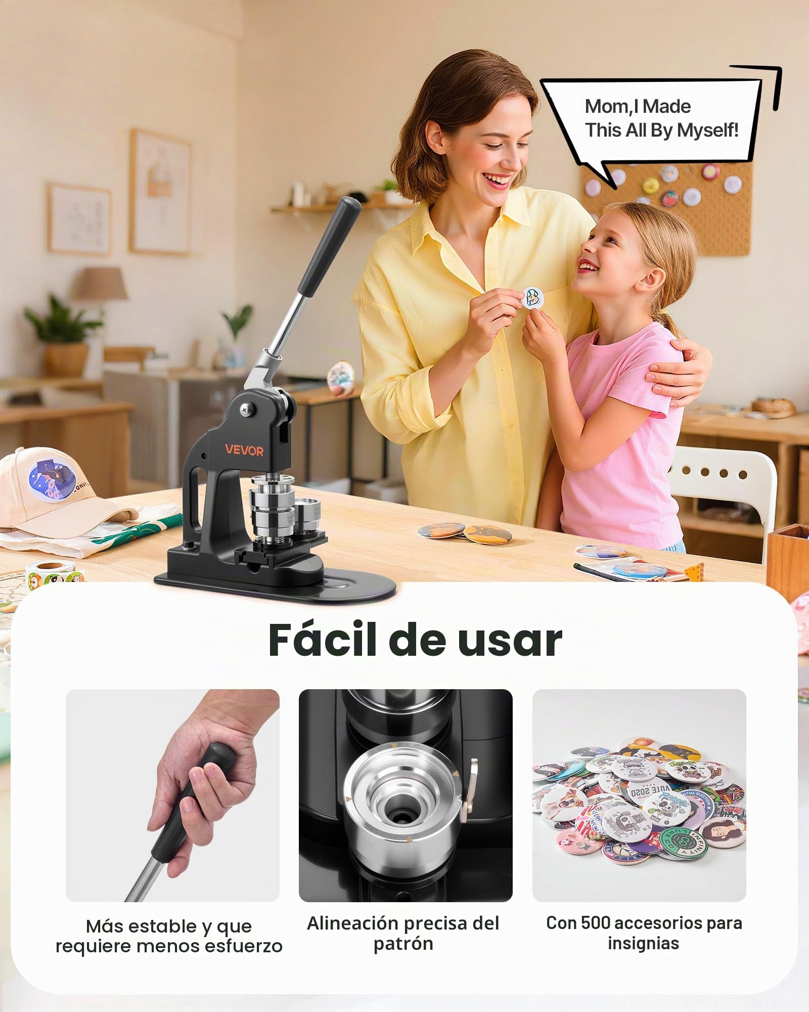 VEVOR Máquina para Hacer Insignias de 32 mm, Máquina para Fabricar Chapas 500 Juegos de Botones, Mango Ergonómico Reforzado, para Crear Insignias, Pines Personalizados, Llaveros, Chapas, Negro