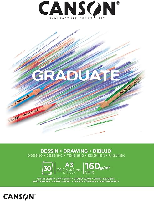 CANSON Graduate White Drawing 160gsm A3 Paper, Light Grain, Pad Glued Short Side, 30 Bright White Sheets, Ideal for Student Artists