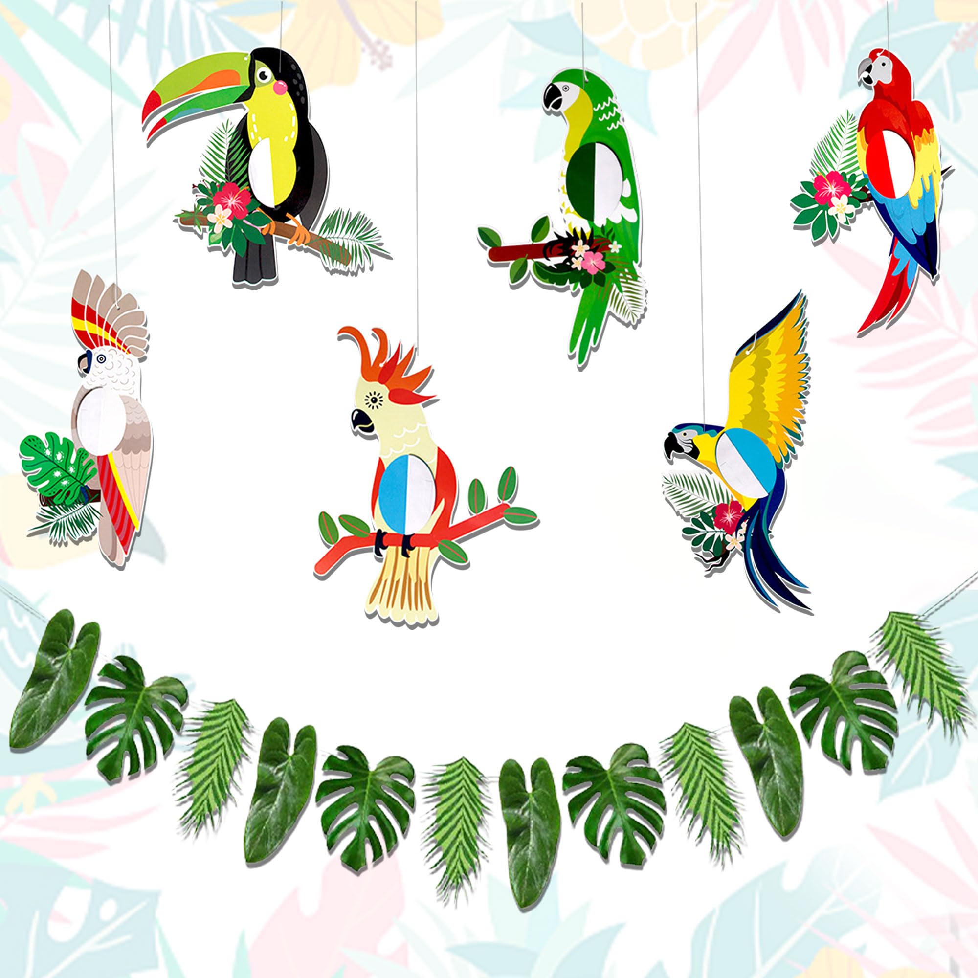 7PCS Tropical Bird Hanging Decorations Leaves Banner Tropical Birds Honeycomb Paper Cutouts Parrot Honeycomb Palm Leaves Banner Hawaiian Beach Luau Party Hanging Decorations Tiki Bar Supplies