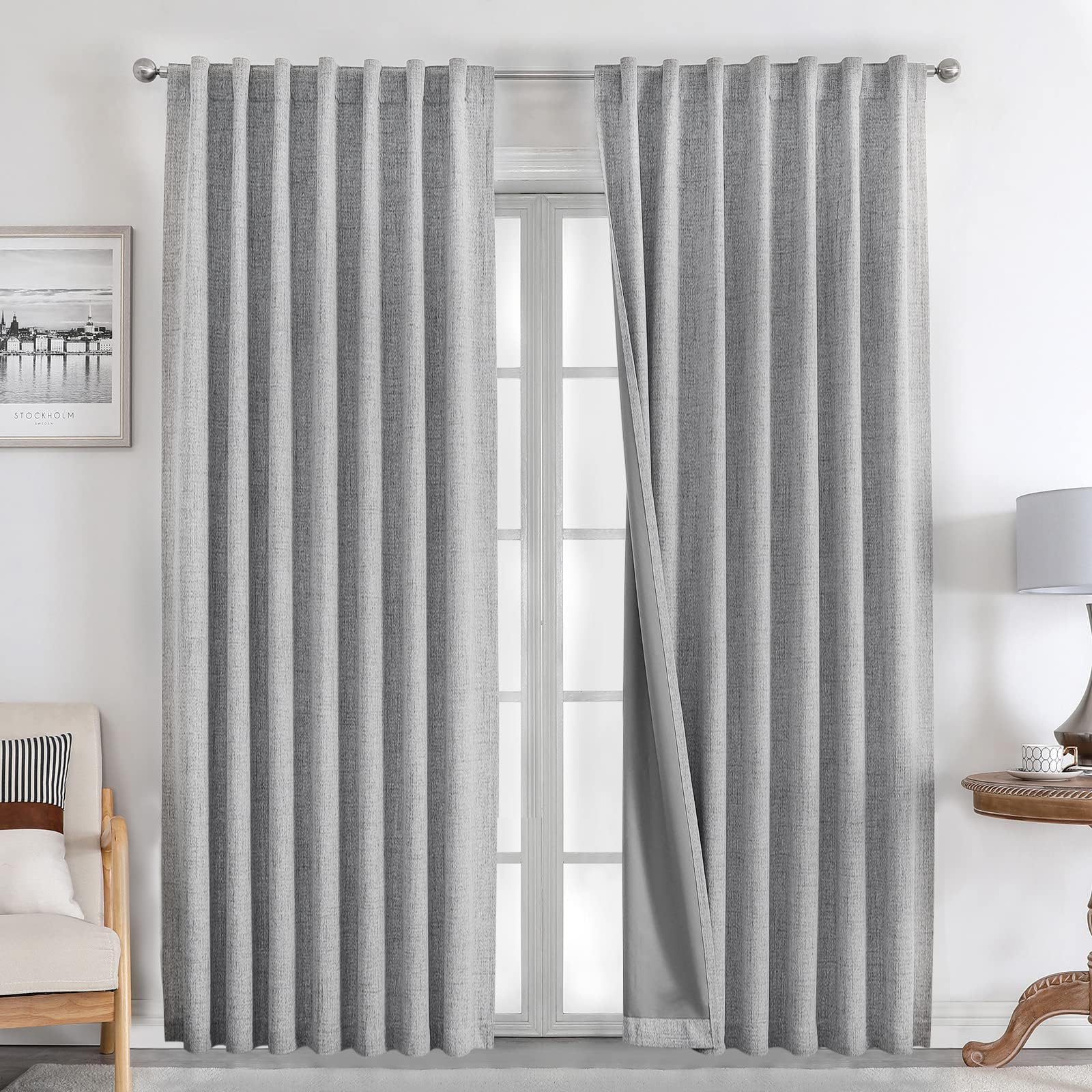 Joydeco 100% Cortinas Opacas 2 Piezas, Lino Cortinas Dormitorio con Pasadores Anti Luz Cortina Termica Aislantes Frio y Calor para Salon（2x220x140，Gris Claro）