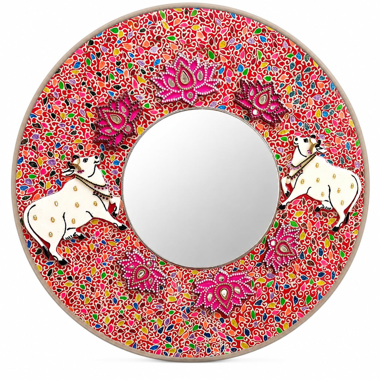 Handmade Pichwai Cow,centred round Decorative mirror with Lotus Embellishments Painting without frame-image-6