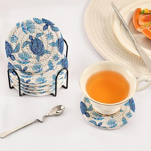 Vista 65 de Juego de 6 posavasos para bebidas con soporte, diseño retro de estrella de mar y estrella de mar, juego de 6 posavasos decorativos absorbentes