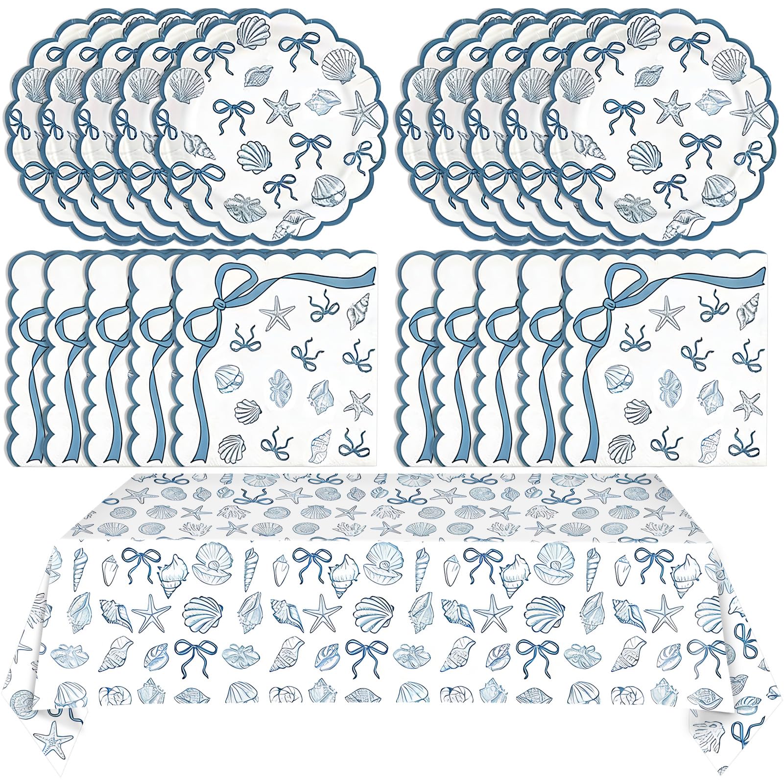 40PCS Seashell Birthday Party Decorations Blue Bow Beach Style Tableware Kit Include Starfish Coral Disposable Paper Plates and Napkins,Tablecloth Set for The Summer I Turned Pretty Party Decor