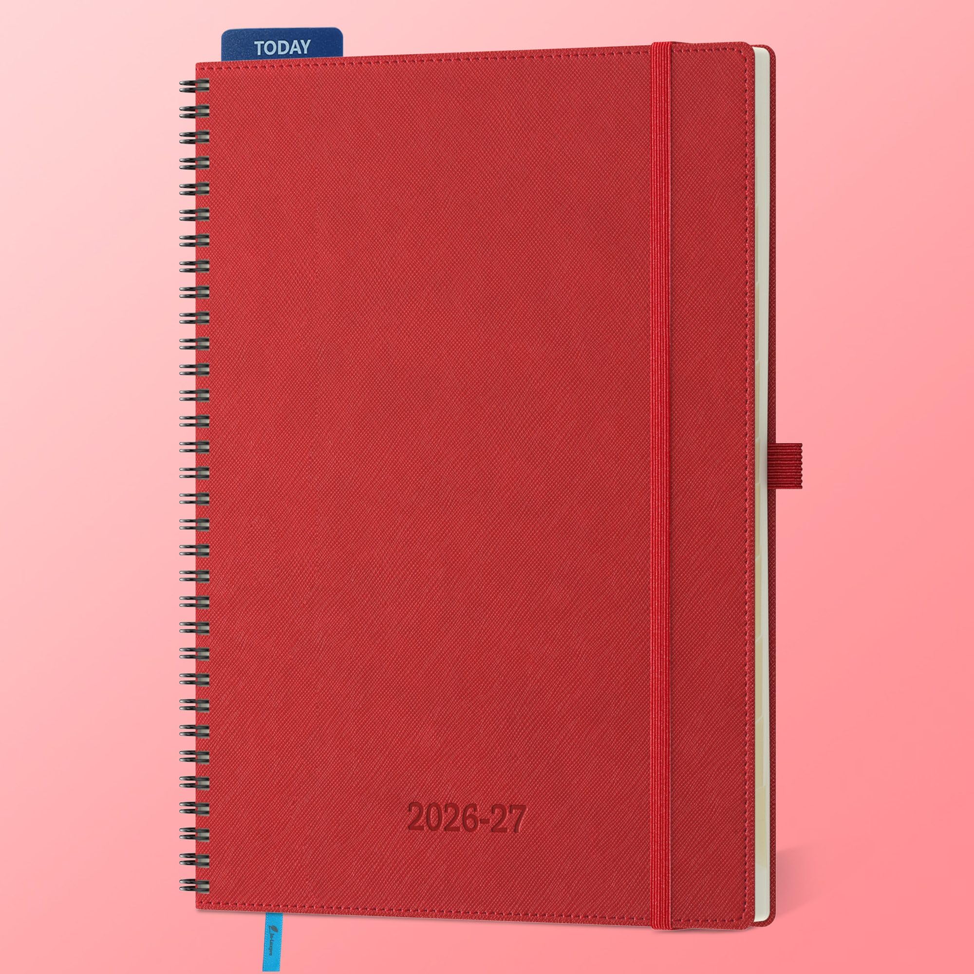 IN-LUXPRO Academic Diary 2026-2027: A4 Week to View (29x21.5 cm) 18 Months(Jul'26 - Dec'27) Spiral Weekly & Monthly Planner with Month Tabs & Inner Pocket, Expenses/Note Pages, PU Leather Red