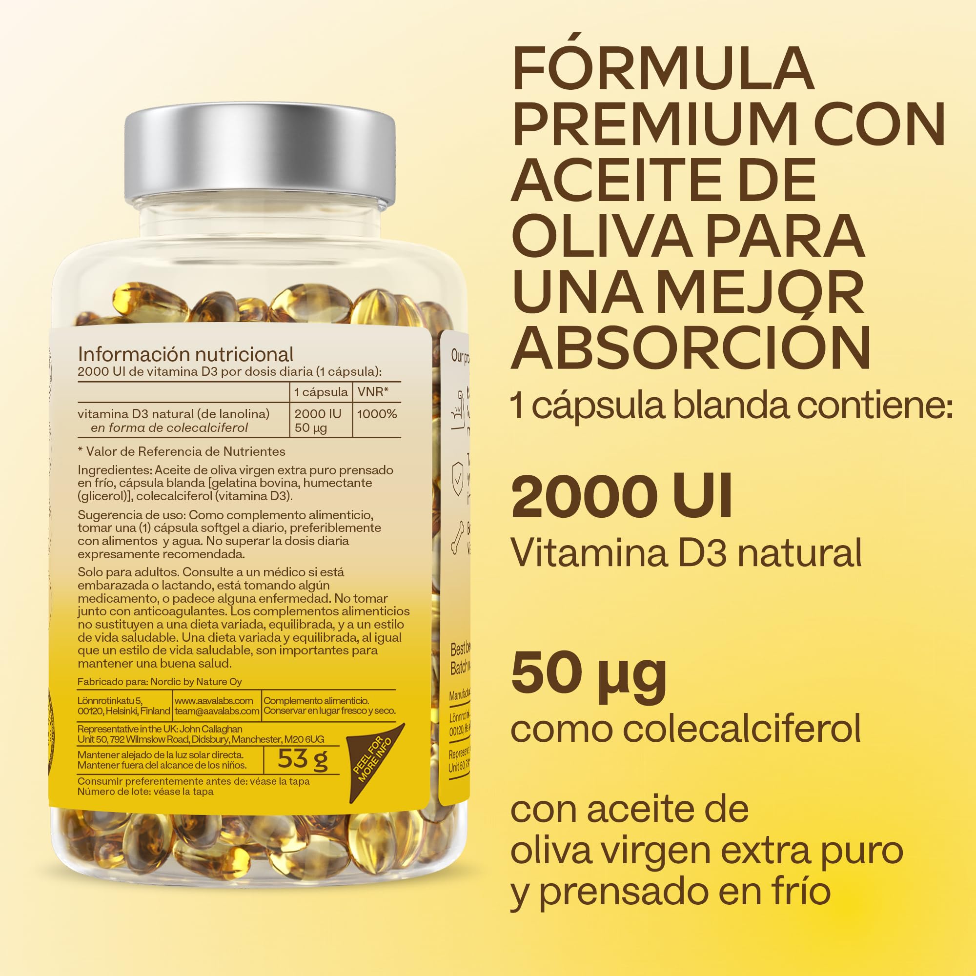 Vitamina D3 2000 UI - 365 Cápsulas Blandas - con Aceite de Oliva Virgen Extra para una Absorción Óptima – Contribuye al mantenimiento de la Función Ósea, Muscular e Inmunológica