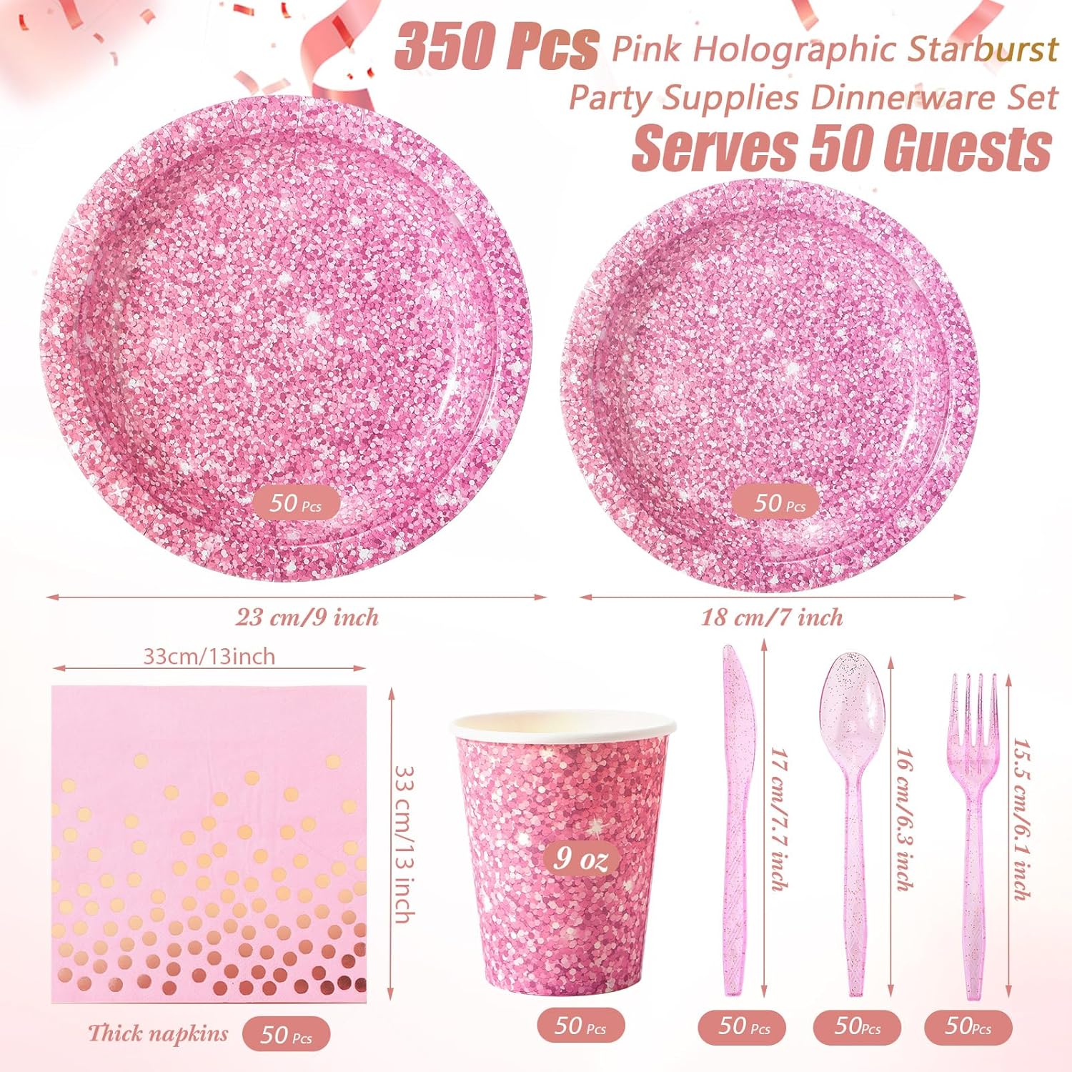 Hushee 350 Pcs Pink Holographic Print Party Supplies Guests Disposable Dinnerware Set Include Paper Plates, Napkins, Cups, Plastic Cutlery for Wedding Birthday Disco Bachelorette