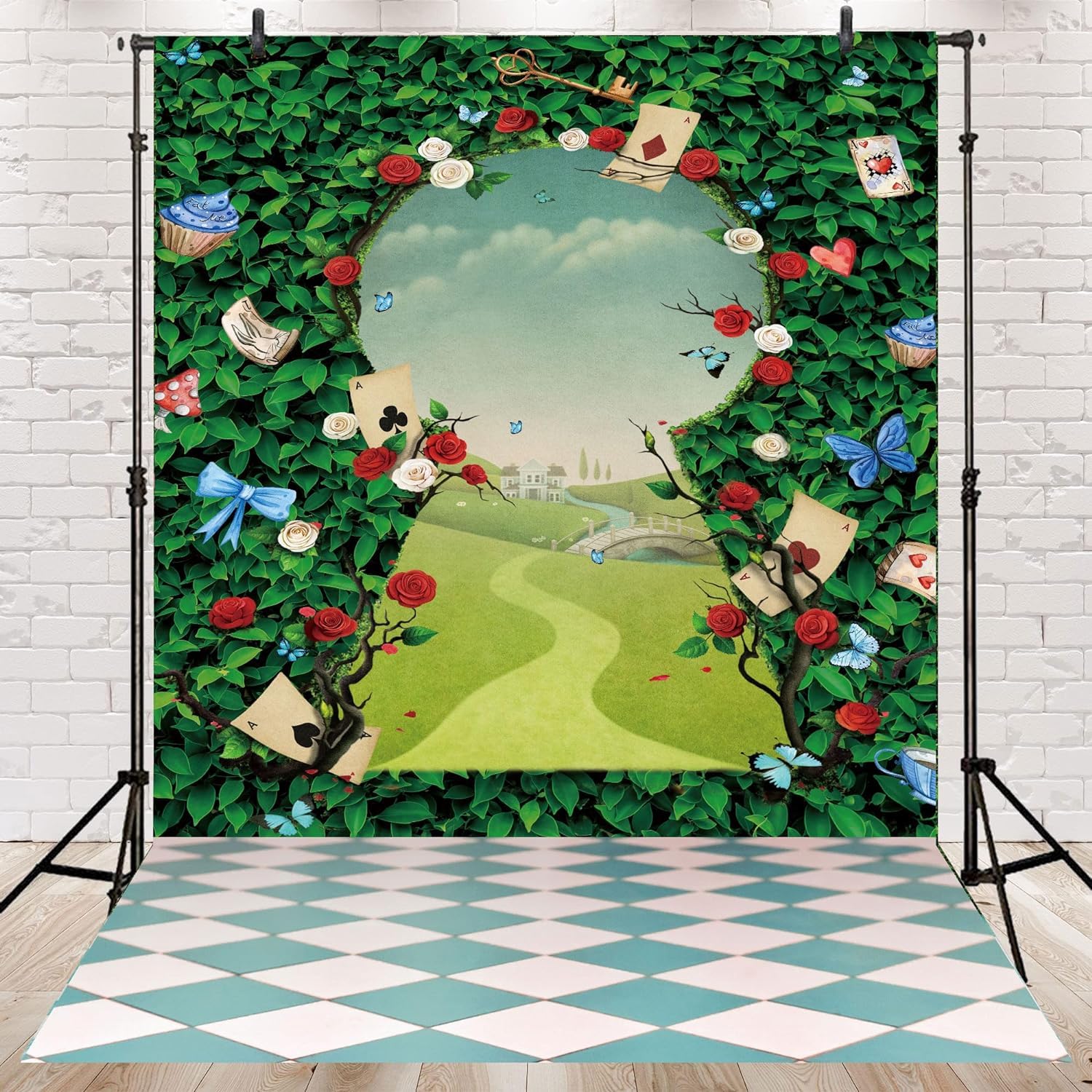 Wonderland, sfondo per feste di tè, foglie verdi, rosa, cappello magico, decorazione a scacchiera, ragazza, compleanno dei bambini, oggetto di scena (1,8 x 2,4 m)