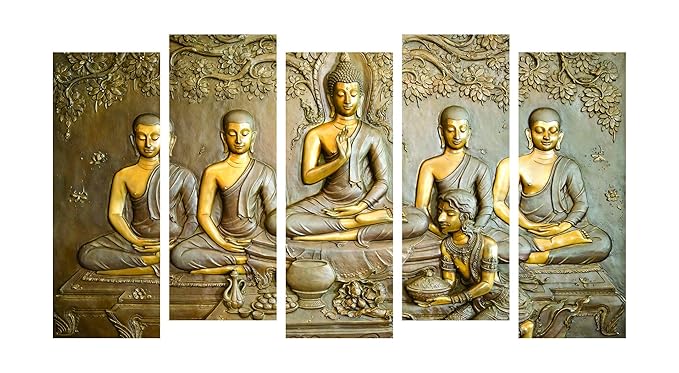 Paper Plane Design Photo Frames for Wall Decoration Lord Buddha Picture Split Panels Art Decor Set of Paintings in Living Room Bedroom Hotel Office, Sun-board, Size 27 x 50 inches, 5 Frame (Design -1)