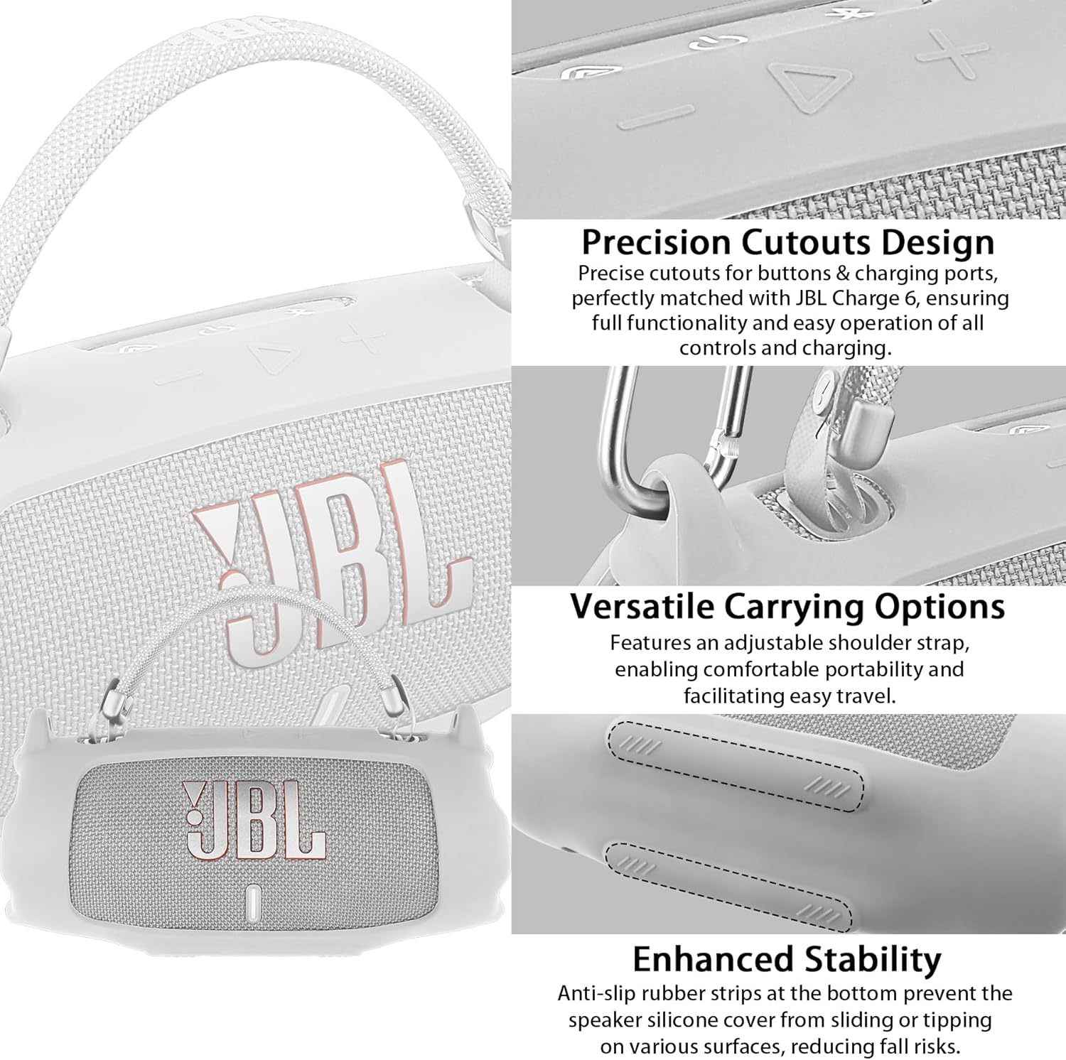 khanka for JBL Charge 6 Waterproof Portable Bluetooth Speaker Silicone Case,Soft Protective Sleeve Cover with Shoulder Strap for JBL Charge 6 Speaker (White) - Image 5