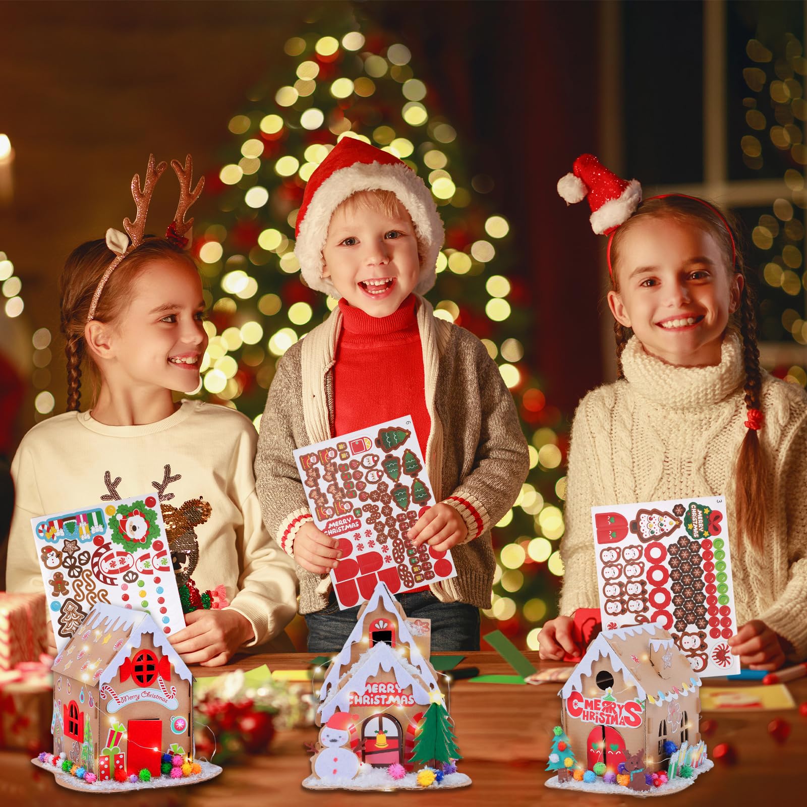 SAYAYA 10 juegos de casa de jengibre de Navidad LED a granel DIY tu propia casa de jengibre de Navidad con pompones, calcomanías, cuerdas de luz, bolígrafos kit de manualidades para Navidad