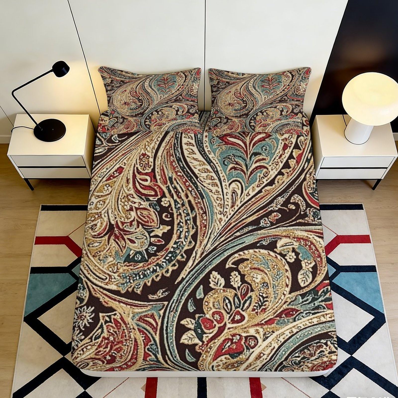 3D Printed Paisley Vintage Fitted Sheet Microfiber Soft Breathable Boho Floral Bed Cover for Bedroom Guest Room Decor 90x200x25cm