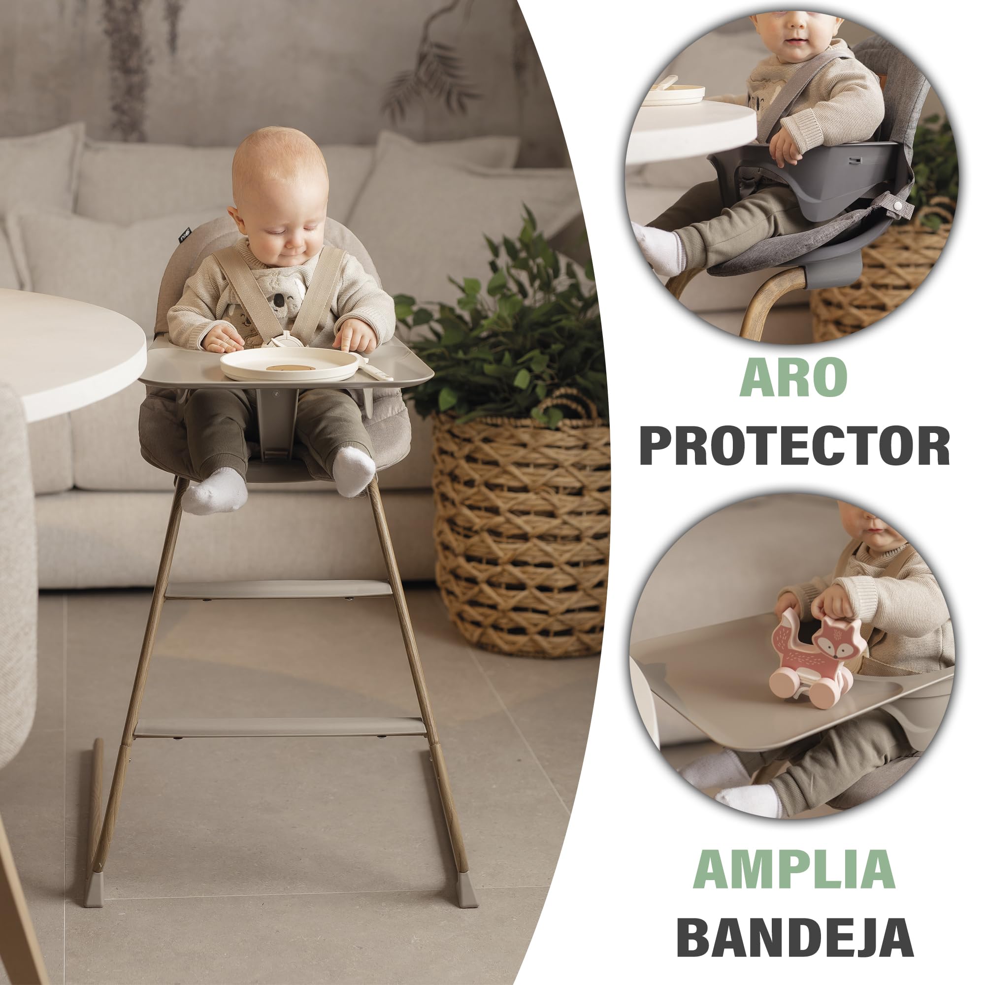 Olmitos - Trona bebé evolutiva 4 en 1 AURA regulable con hamaca alta, balancín, trona y silla alta – desde nacimiento 0+ hasta 12 años – silla infantil multifunción (Beige)