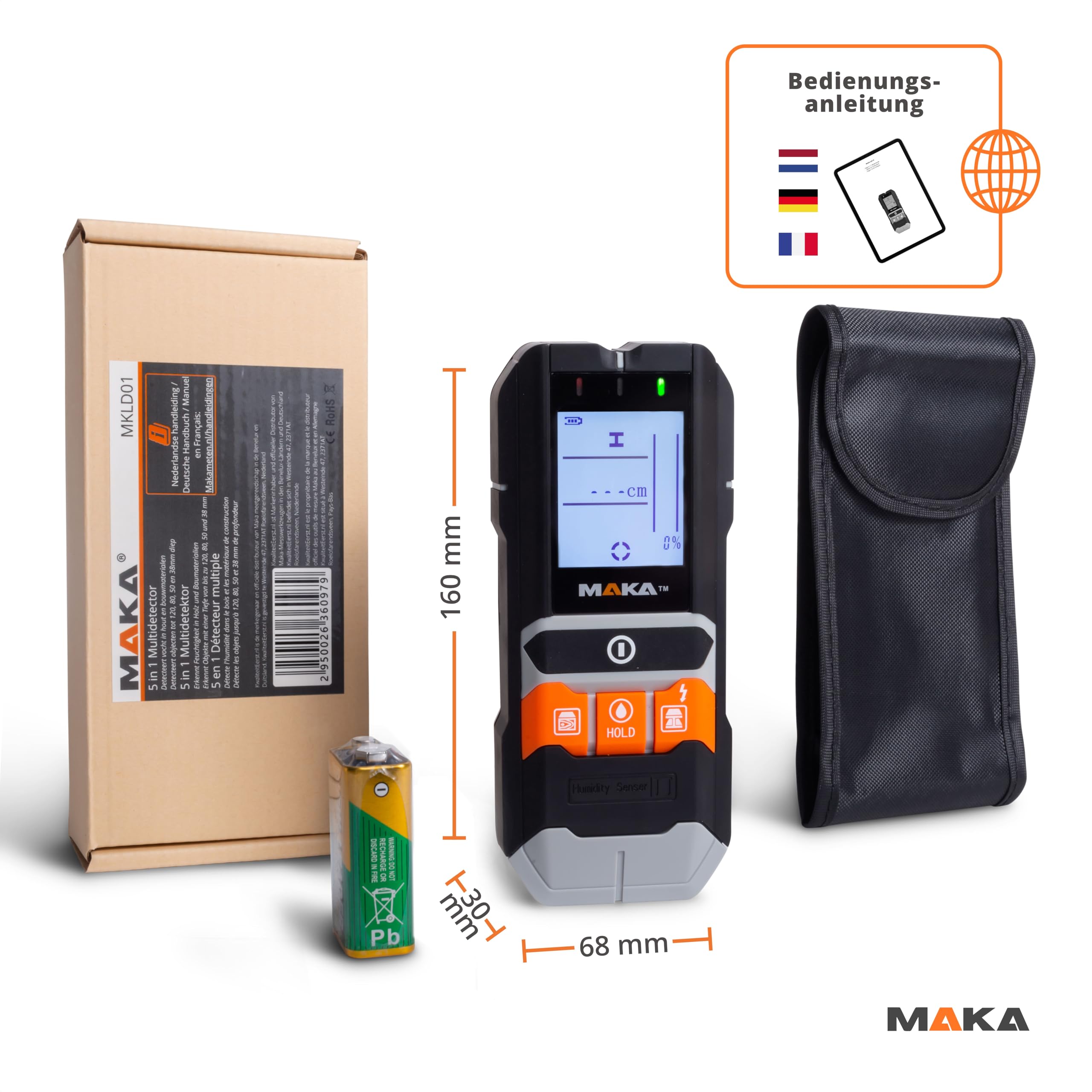 MAKA 5-in-1-Leitungsfinder Wandscanner Feuchtigkeitsmesser Metall- und Holzsucher AC
