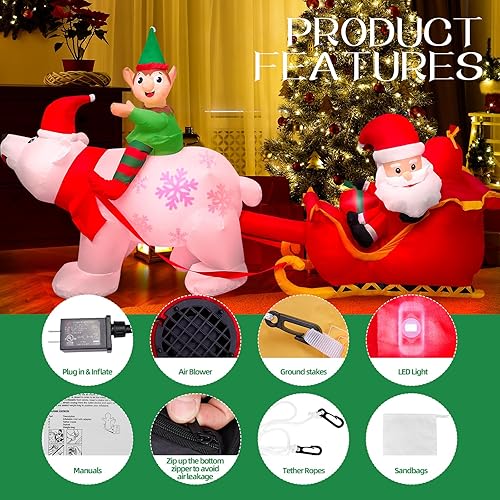 Miniatura 5 de Max Fun Decoraciones inflables de Navidad de 9.5 pies, trineo inflable de Papá Noel integrado con luz LED con oso polar y cajas de regalo,