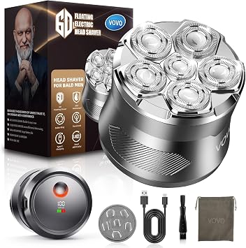 VOVO Head Shavers for Bald Men 2 Speed 6D Electric Face Head Shaver Large Capacity Cordless Type-C Rechargeable IPX7 Waterproof Bald Head Shaver Wet & Dry Use Head Razor Suitable for Home and Travel