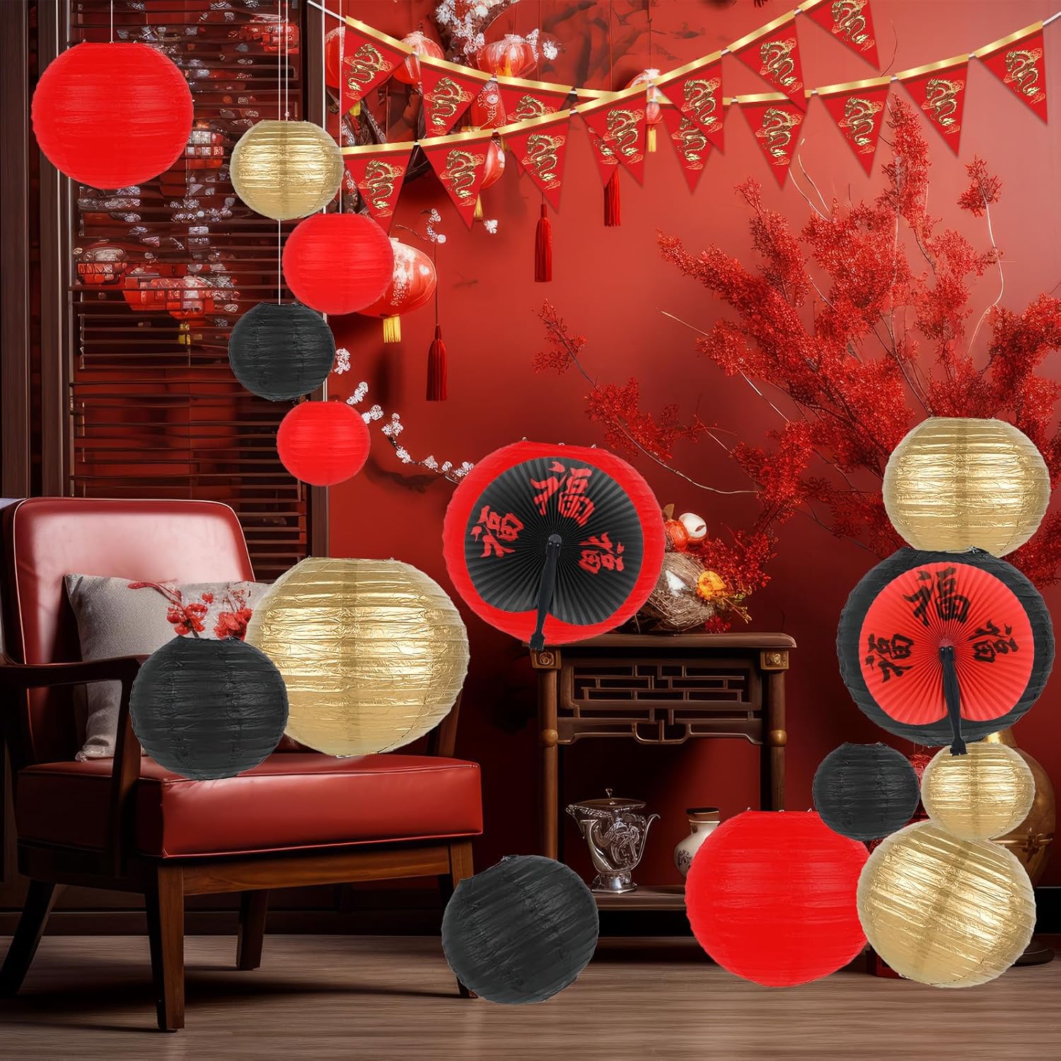 party greeting 28 Pcs Hibachi Party Decorations Asian Chinese Japanese Party Supplies Includes 15 Pcs Chinese Paper Lanterns 12 Pcs Japanese Folding Fans 32.8 Ft Chinese New Year Dragon Pennant Banner
