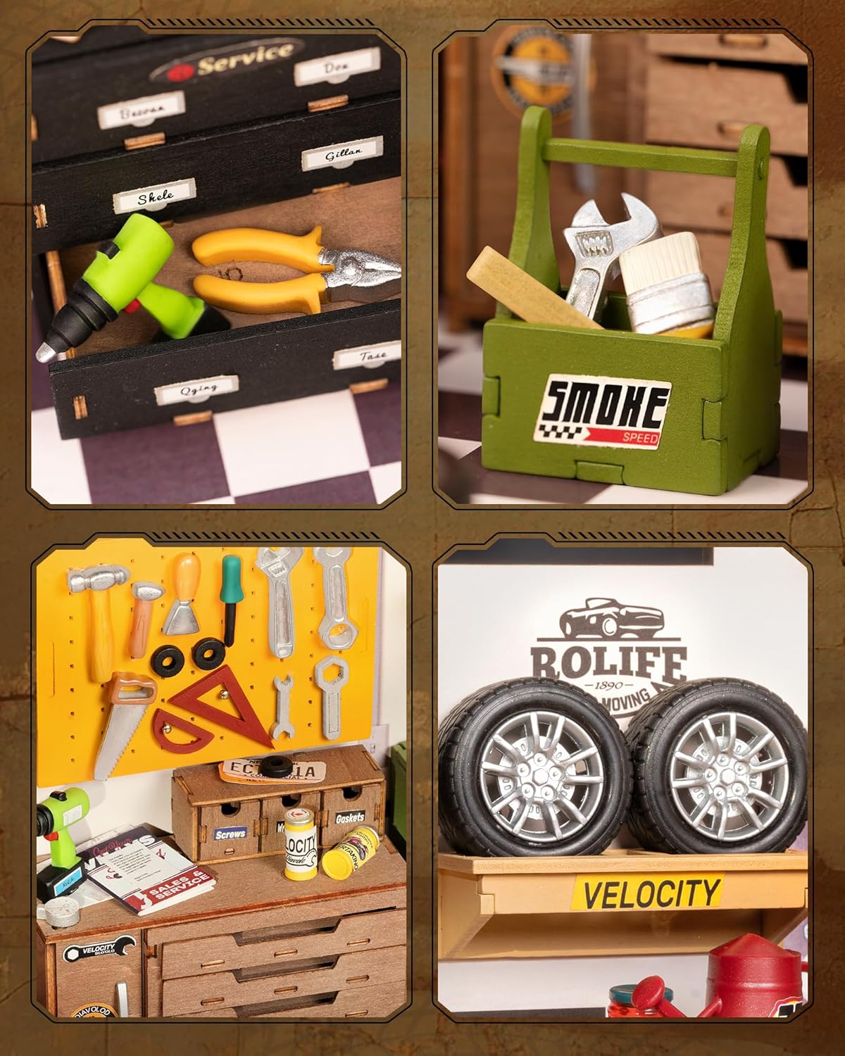Four detailed close-up panels of the miniature garage workshop, showing various tools and storage solutions.