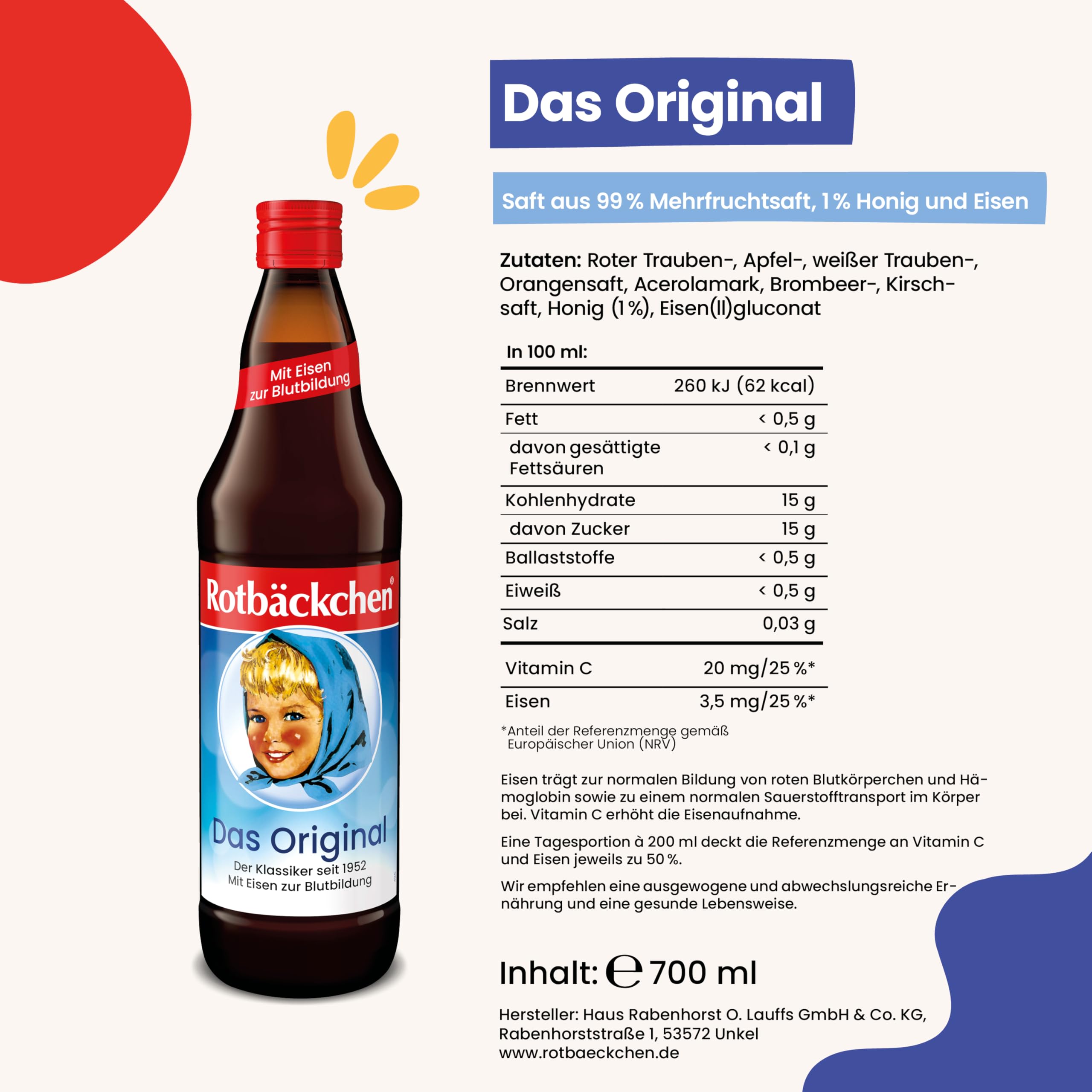 ROTBÄCKCHEN Das Original 6er Pack (6 x 700 ml). Saft aus 99 % Mehrfruchtsaft, 1 % Honig und Eisen