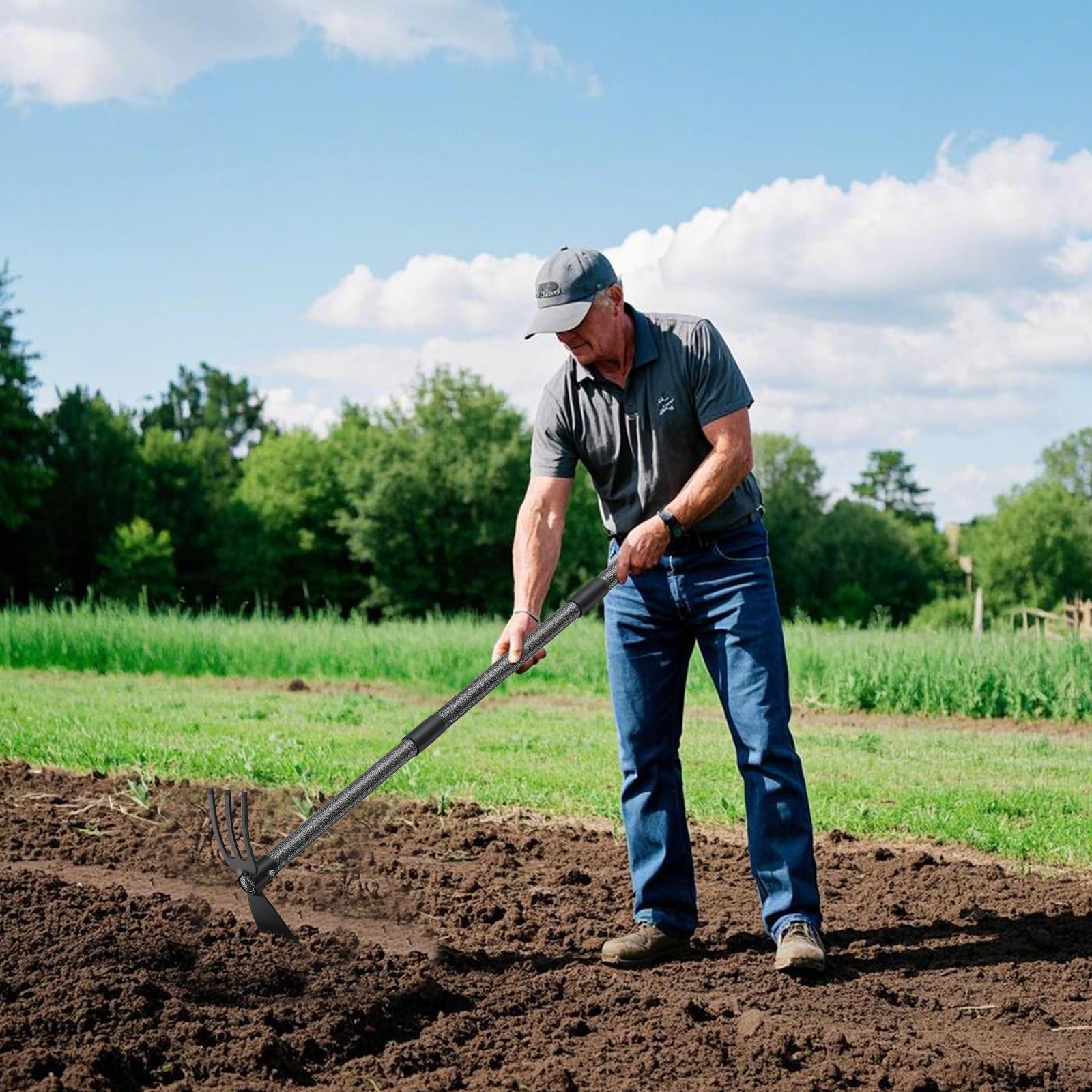 Binette de jardin avec manche - 116 cm - Double binette à 3 dents - En métal - Multifonction - Accessoire de jardin pour ameublir, aérer et désherber le sol