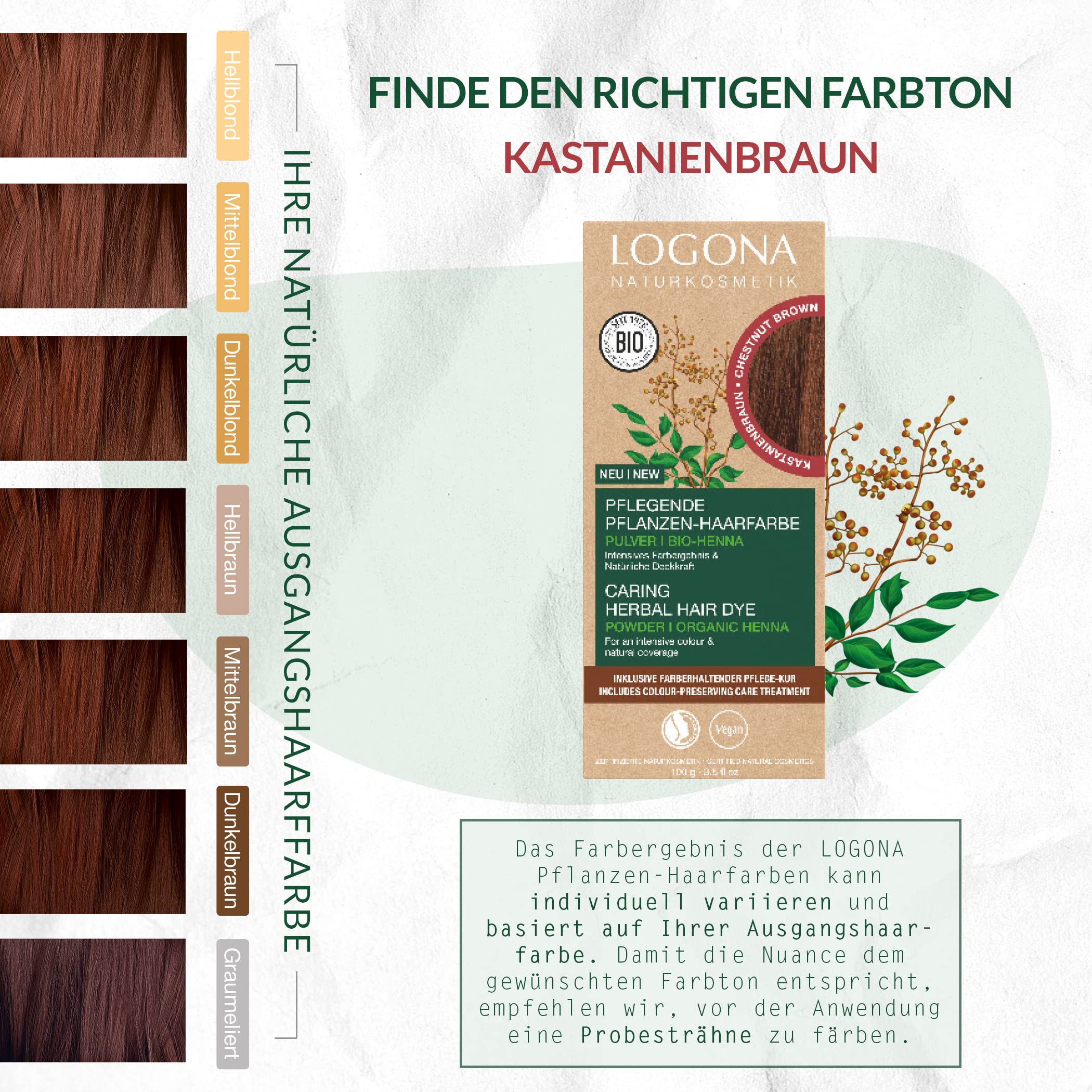LOGONA Naturkosmetik Pflegende pflanzliche Haarfarbe, Veganes Haarfarbe-Pulver mit Bio-Henna für intensive Farbe und Glanz, Pflanzenhaarfarbe in Kastanienbraun (Braun), 1 x 100g (Packung mit 5)