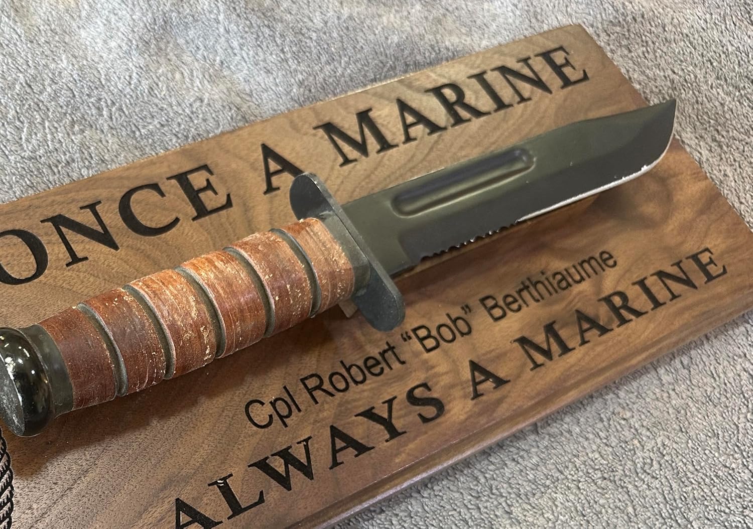 Marine Corps Kabar (knife) Magnetic Wall Mount 6x18, 100% Black Walnut with Laser engraved text and graphics.