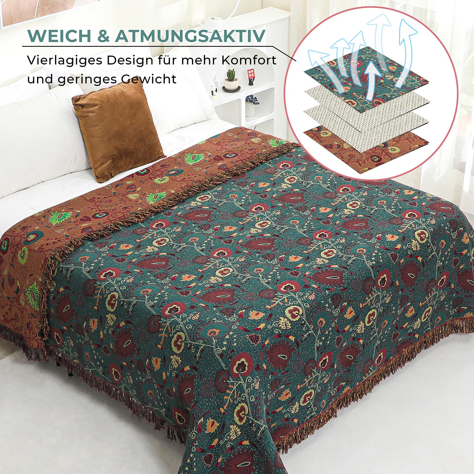 HOORDRY Colcha boho 100% algodón doble cara